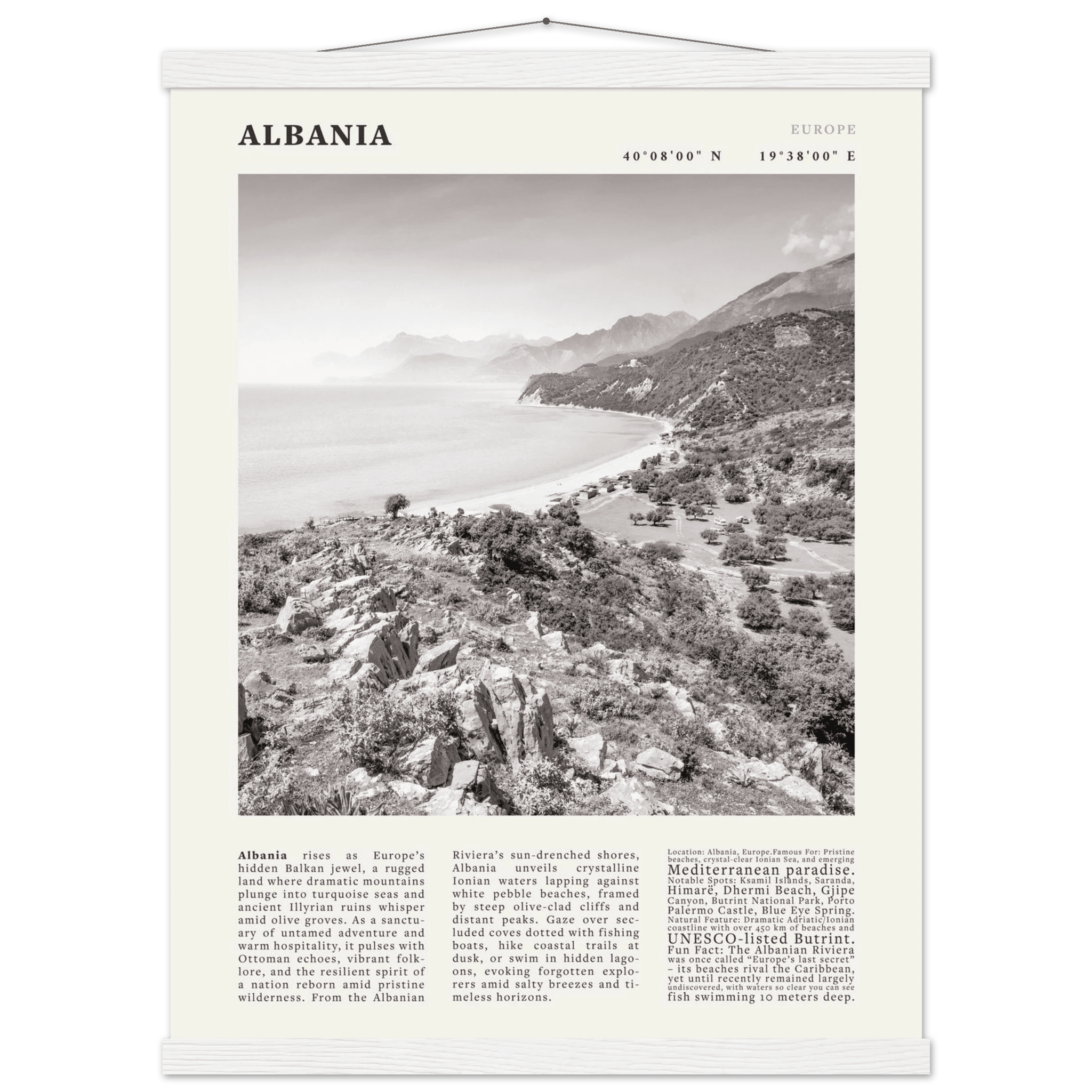 Albania Poster Black and White – Vintage Albanian Riviera Travel Print (Digital & Printed Options) - Evergreen Posters