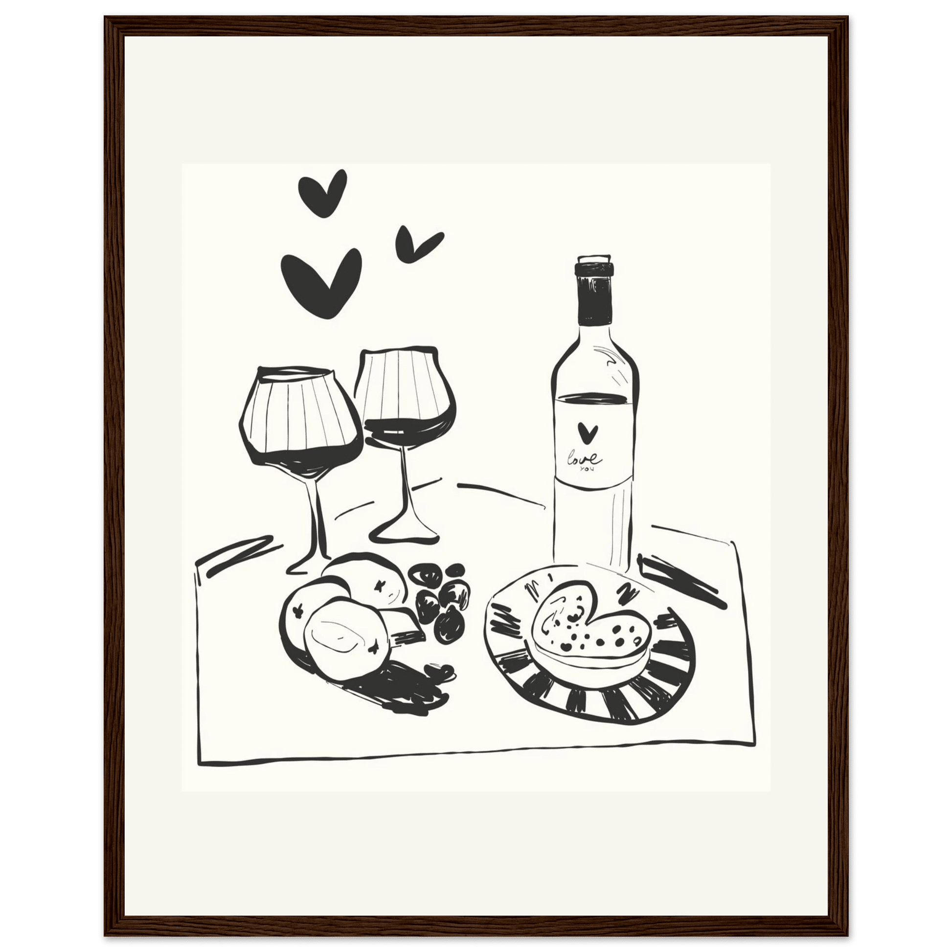 Wine for Two Print | Black Line Art Romantic Kitchen Wall Art | Couples Poster - Evergreen Posters