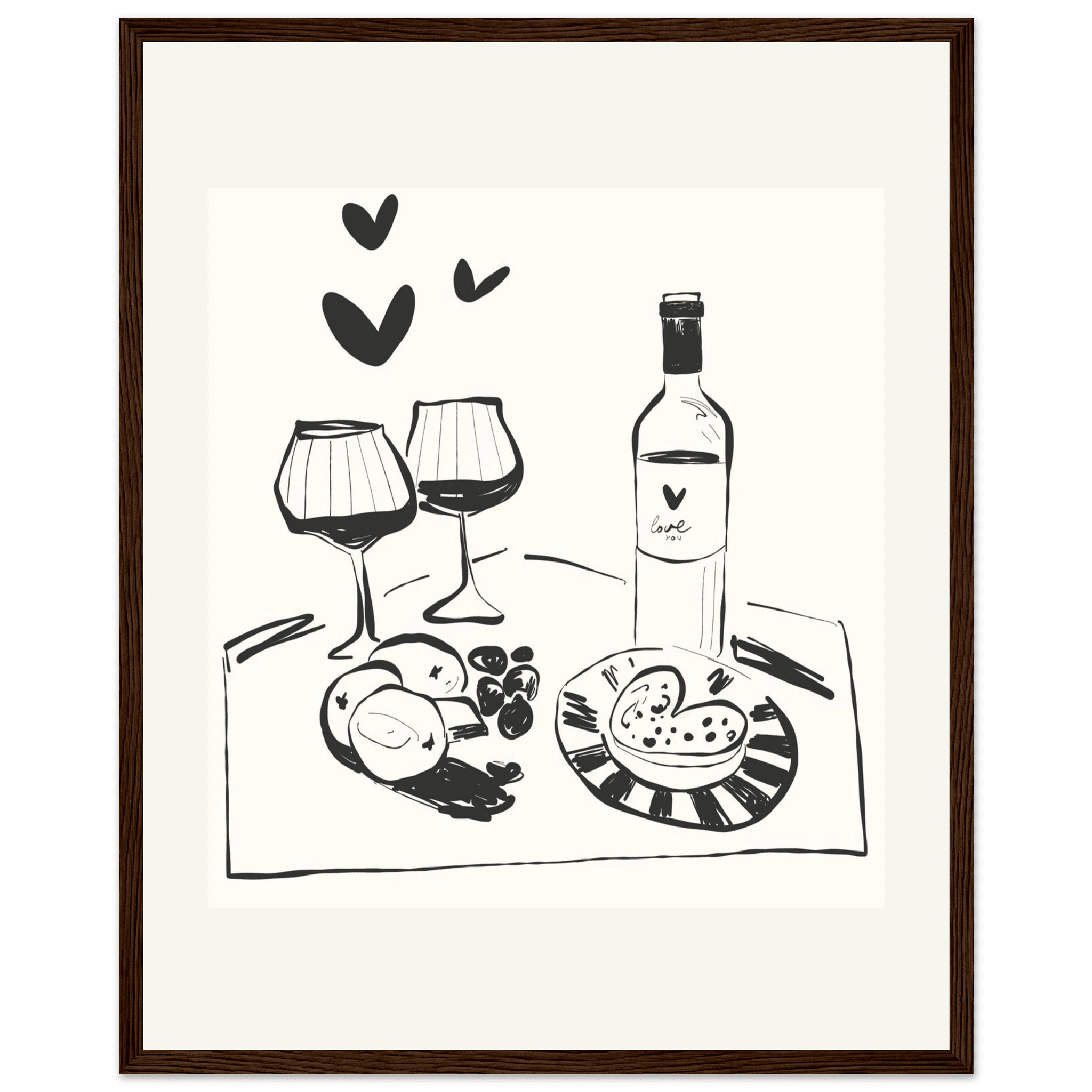 Wine for Two Print | Black Line Art Romantic Kitchen Wall Art | Couples Poster - Evergreen Posters