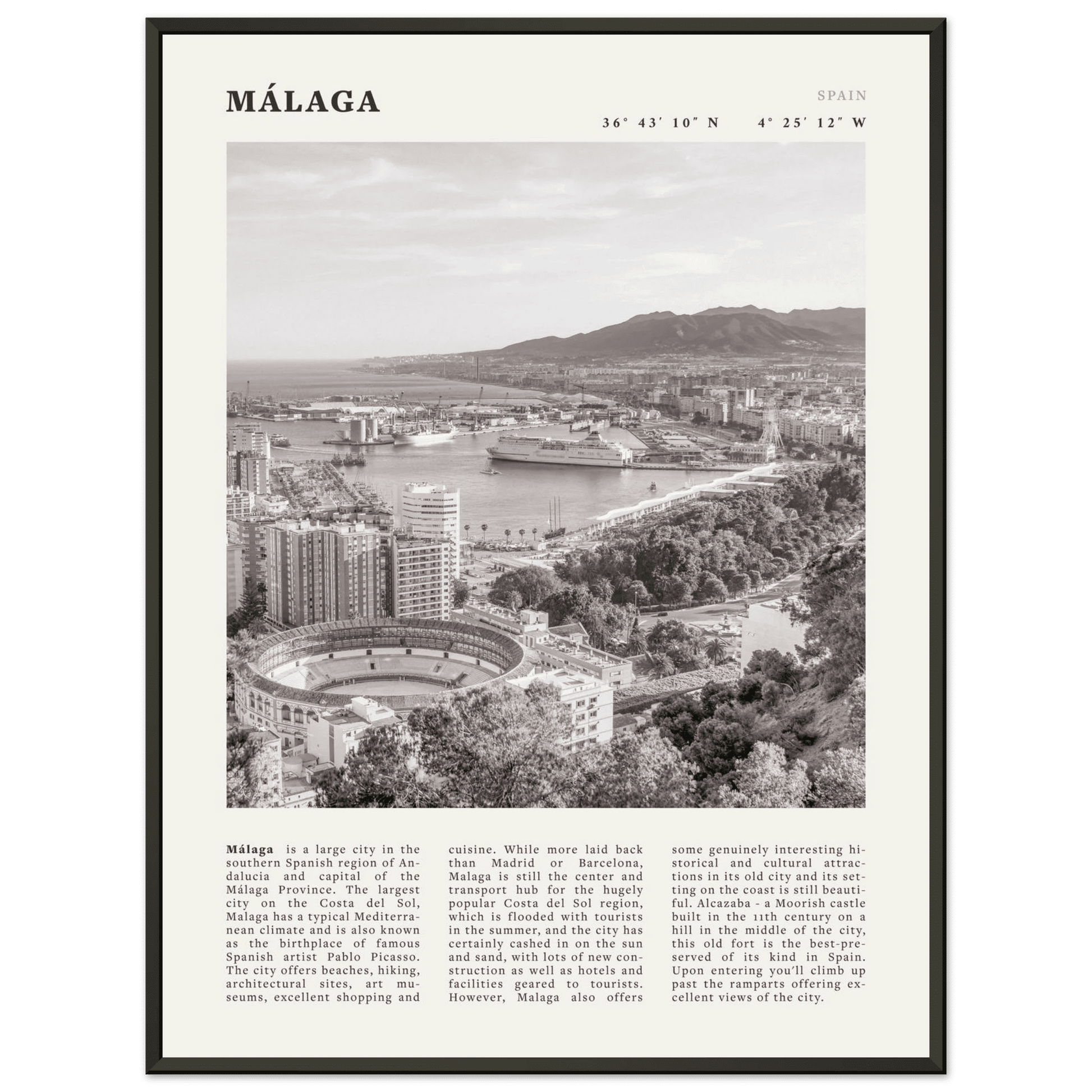 Málaga Poster | Black & White Costa del Sol Wall Art | Spain Travel Print - Evergreen Posters