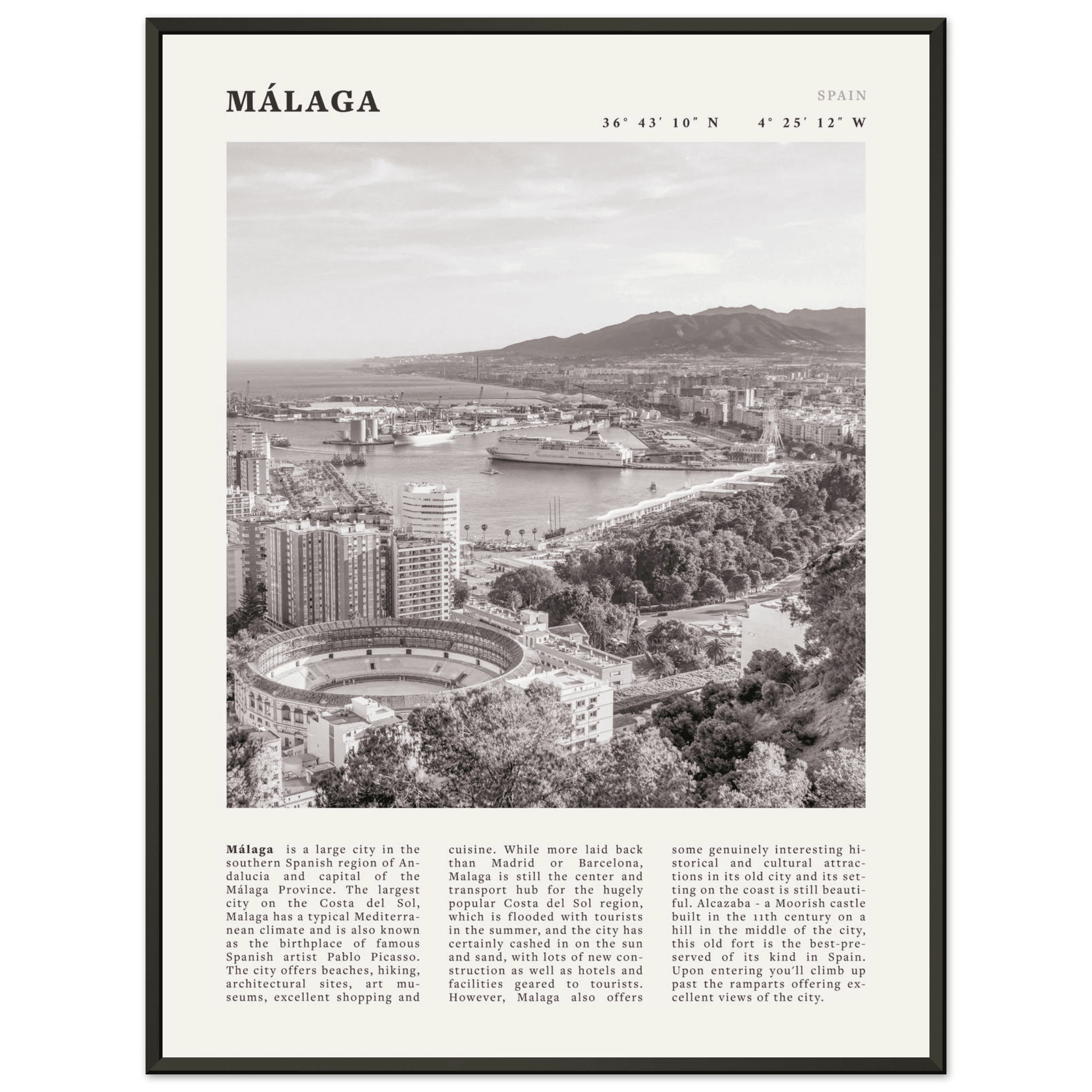 Málaga Poster | Black & White Costa del Sol Wall Art | Spain Travel Print - Evergreen Posters