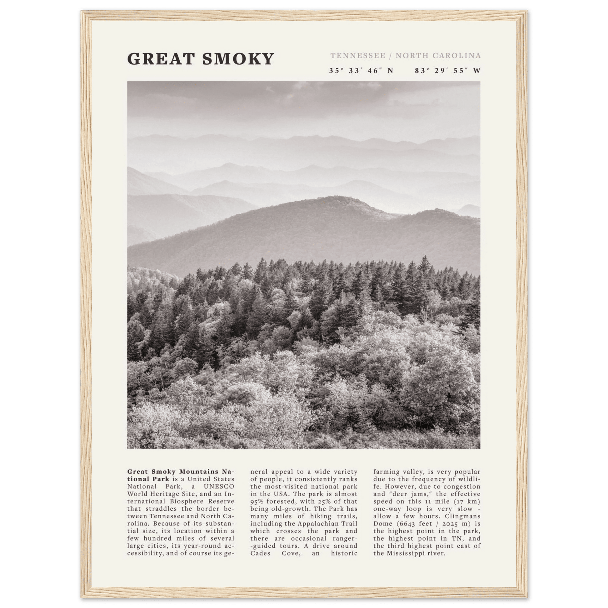 Great Smoky Mountains Poster | Black & White National Park Wall Art | Tennessee Print - Evergreen Posters