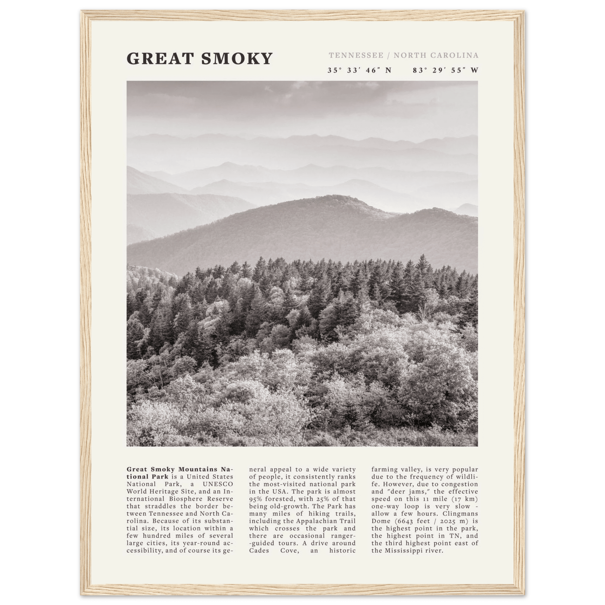Great Smoky Mountains Poster | Black & White National Park Wall Art | Tennessee Print - Evergreen Posters