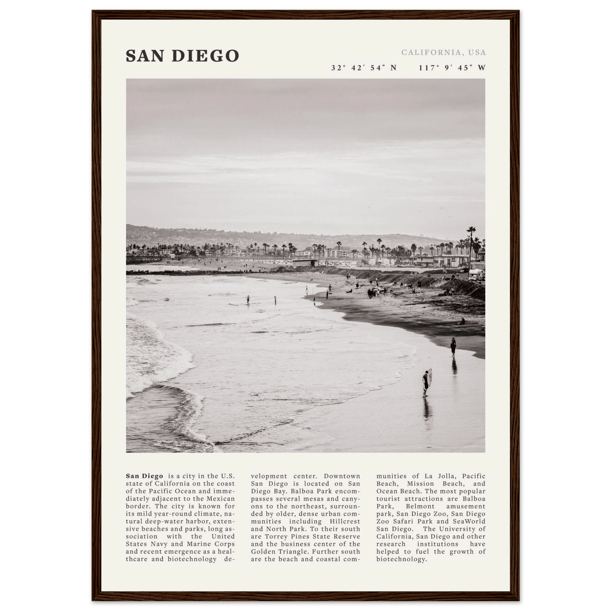 San Diego Poster | Black & White California Beach Wall Art | Coastal Travel Print Decor - Evergreen Posters