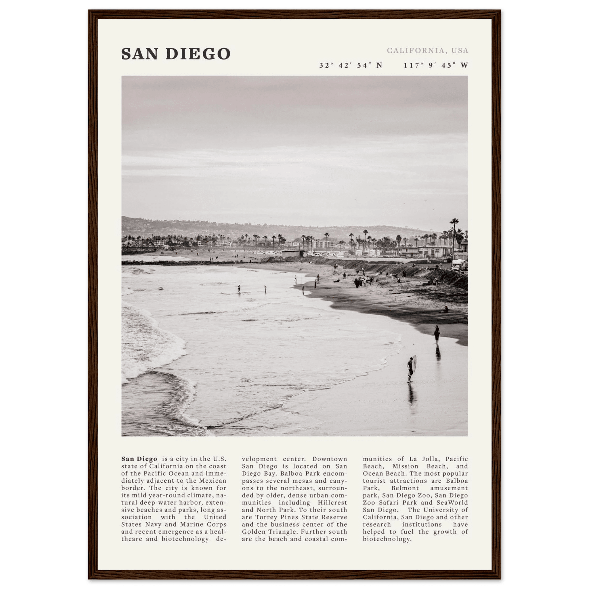 San Diego Poster | Black & White California Beach Wall Art | Coastal Travel Print Decor - Evergreen Posters