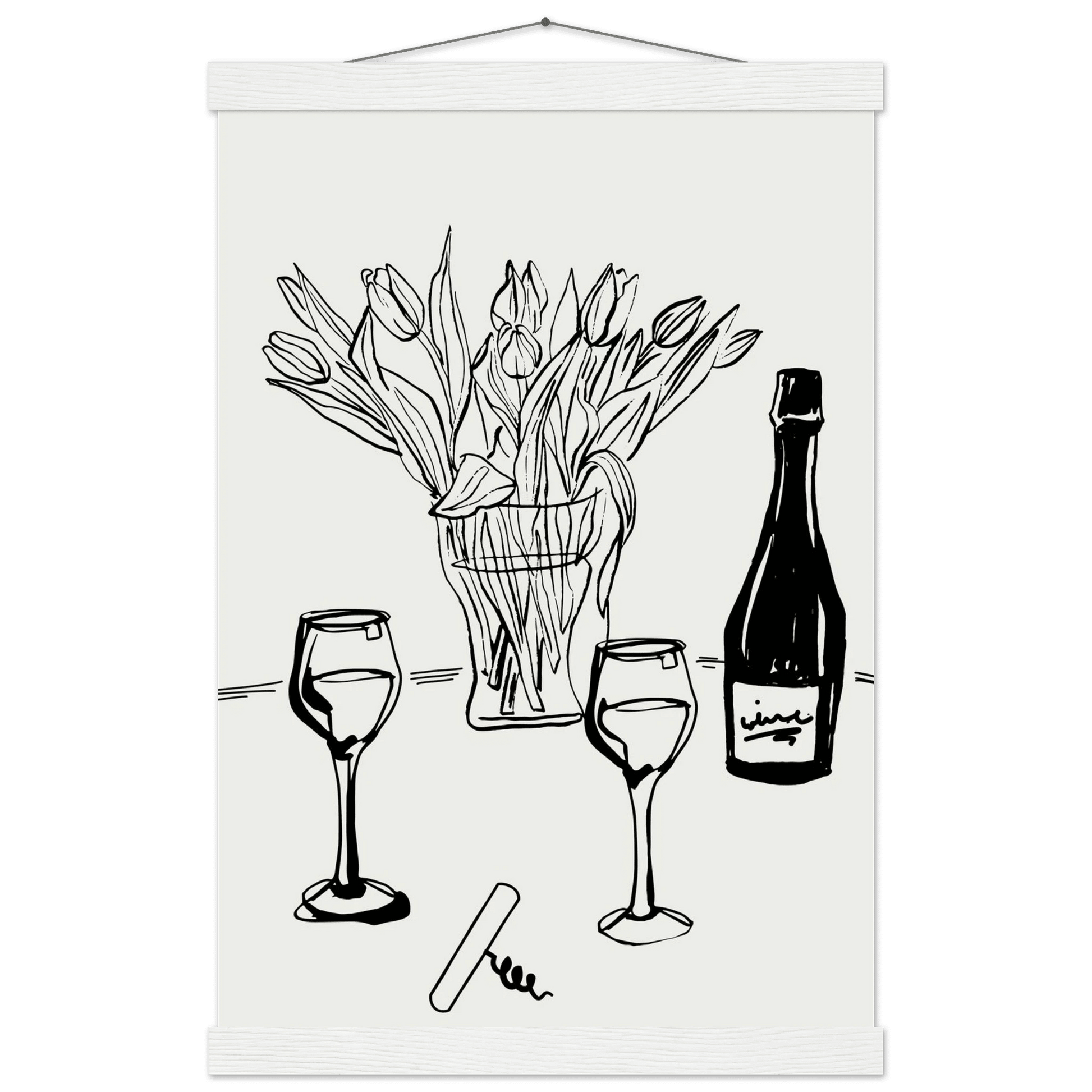 Wine & Tulips Print | Black Line Art Wine Bottle Wall Art | Minimalist Kitchen Poster - Evergreen Posters