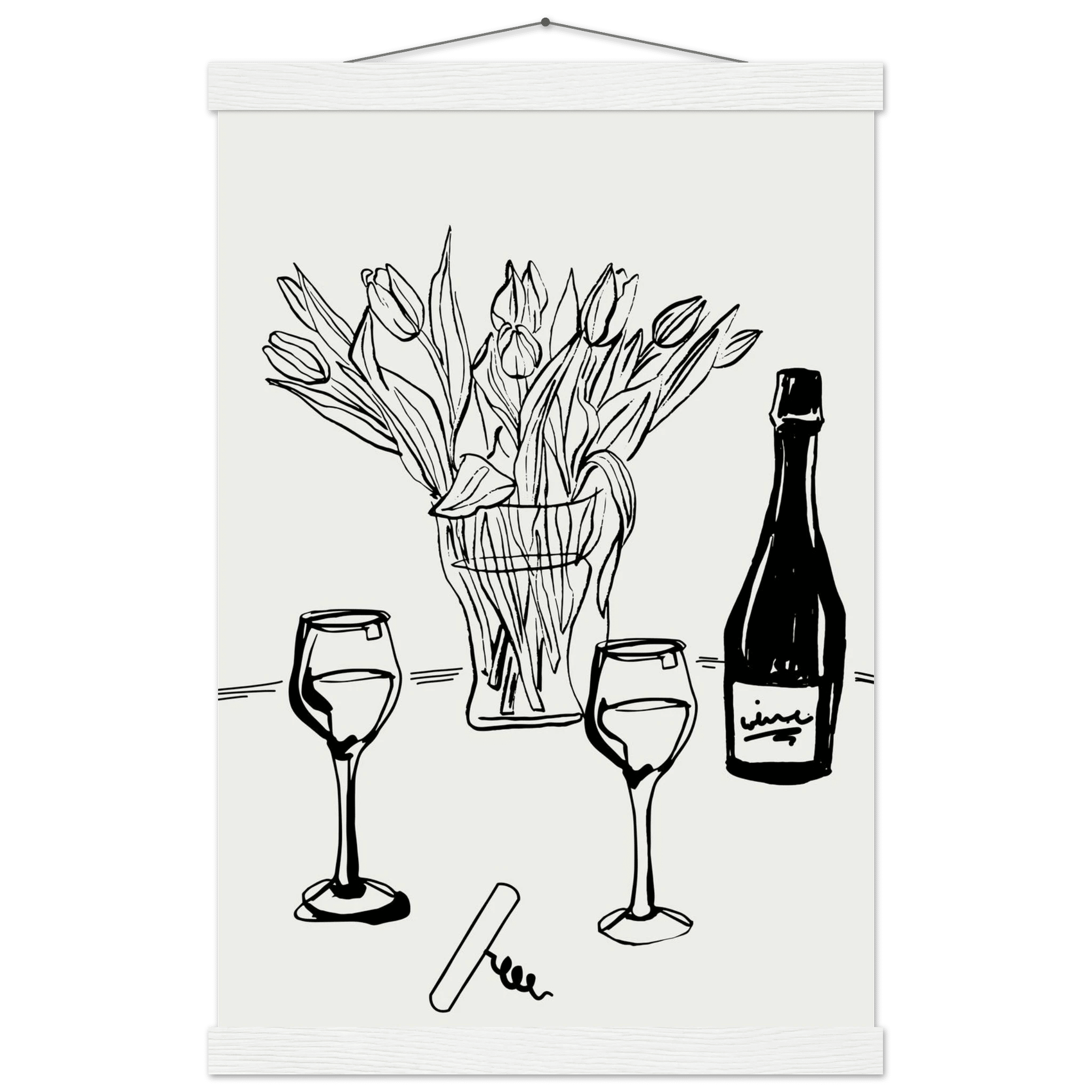 Wine & Tulips Print | Black Line Art Wine Bottle Wall Art | Minimalist Kitchen Poster - Evergreen Posters