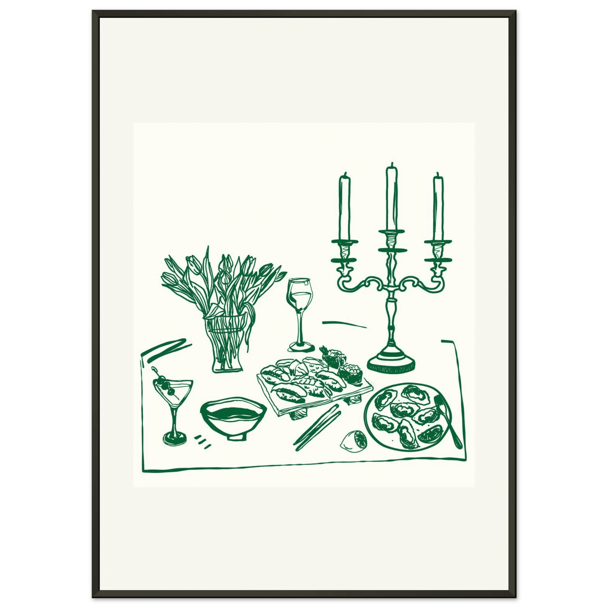 Fine Dining Table Print | Green Line Art Kitchen Wall Art | Elegant Dining Room Poster - Evergreen Posters