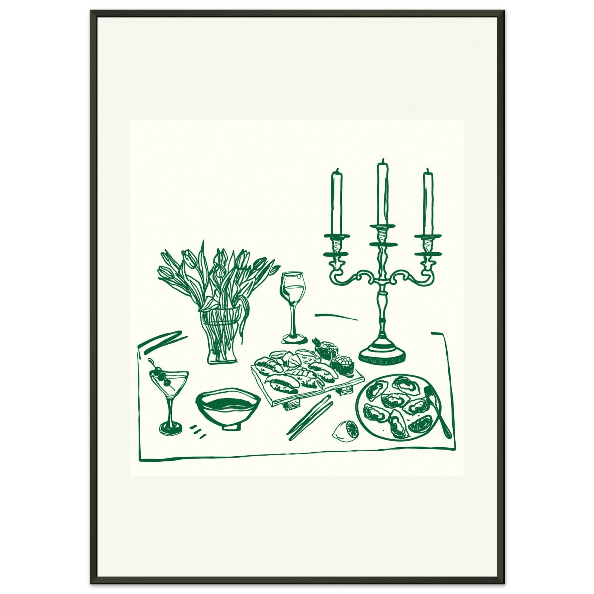 Fine Dining Table Print | Green Line Art Kitchen Wall Art | Elegant Dining Room Poster - Evergreen Posters
