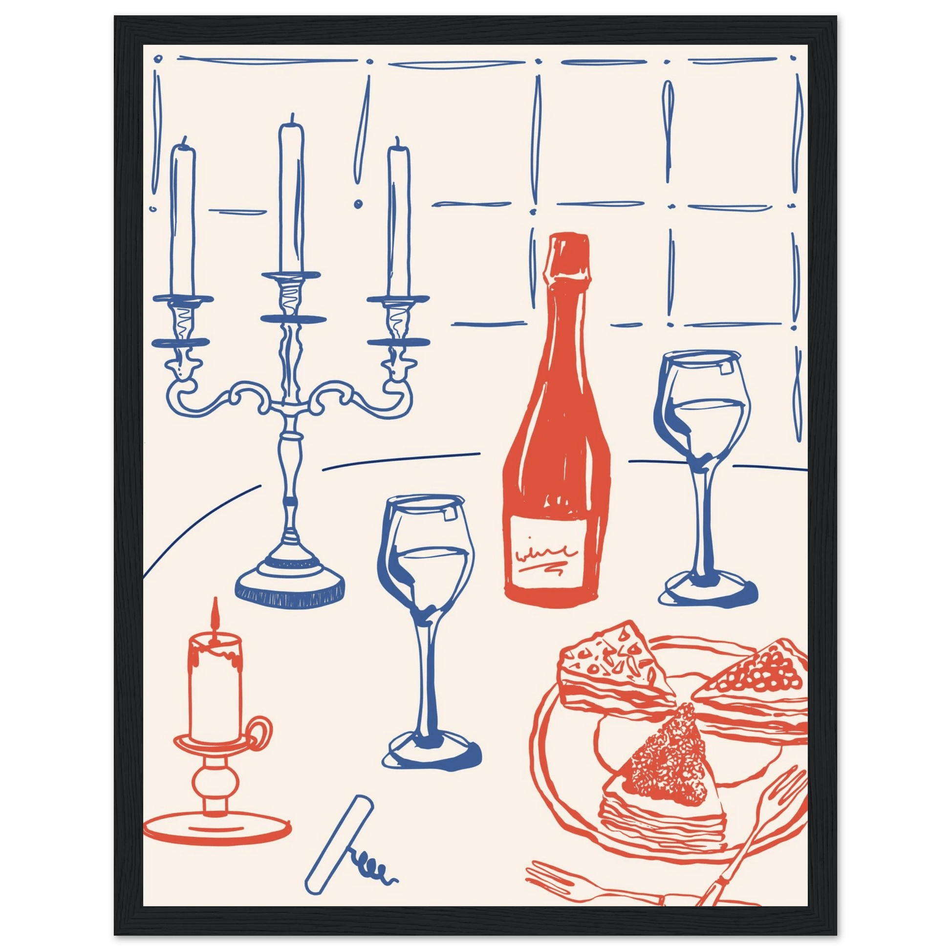 Candlelight Dinner Print | Wine & Candelabra Line Art Wall Art | Kitchen Poster - Evergreen Posters