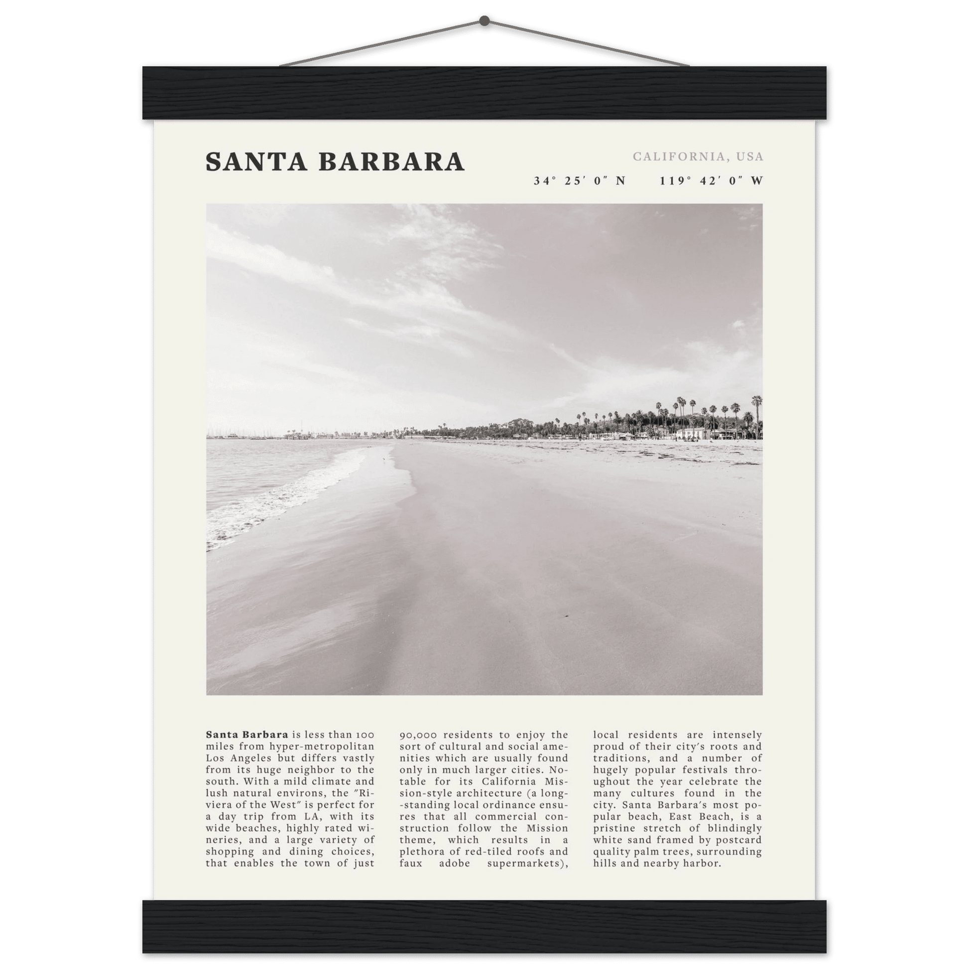 Santa Barbara Poster | Black & White California Beach Wall Art | CA Travel Print - Evergreen Posters