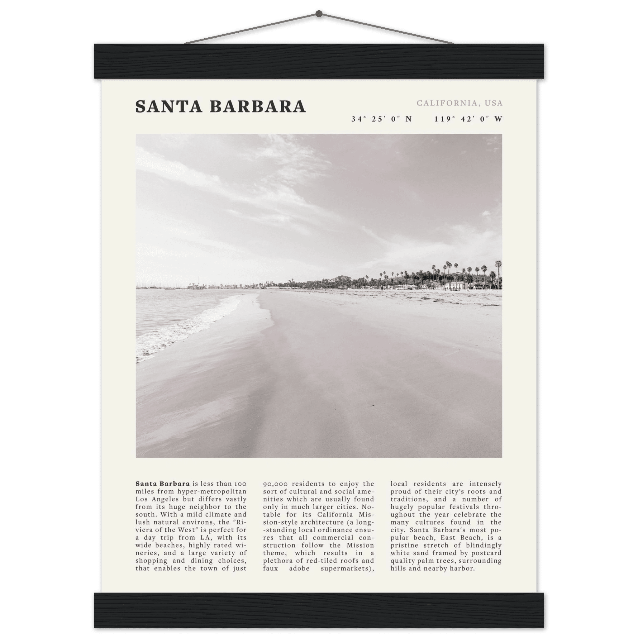 Santa Barbara Poster | Black & White California Beach Wall Art | CA Travel Print - Evergreen Posters