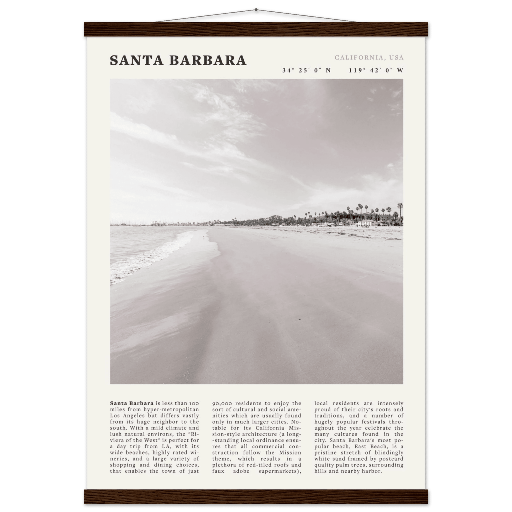 Santa Barbara Poster | Black & White California Beach Wall Art | CA Travel Print - Evergreen Posters