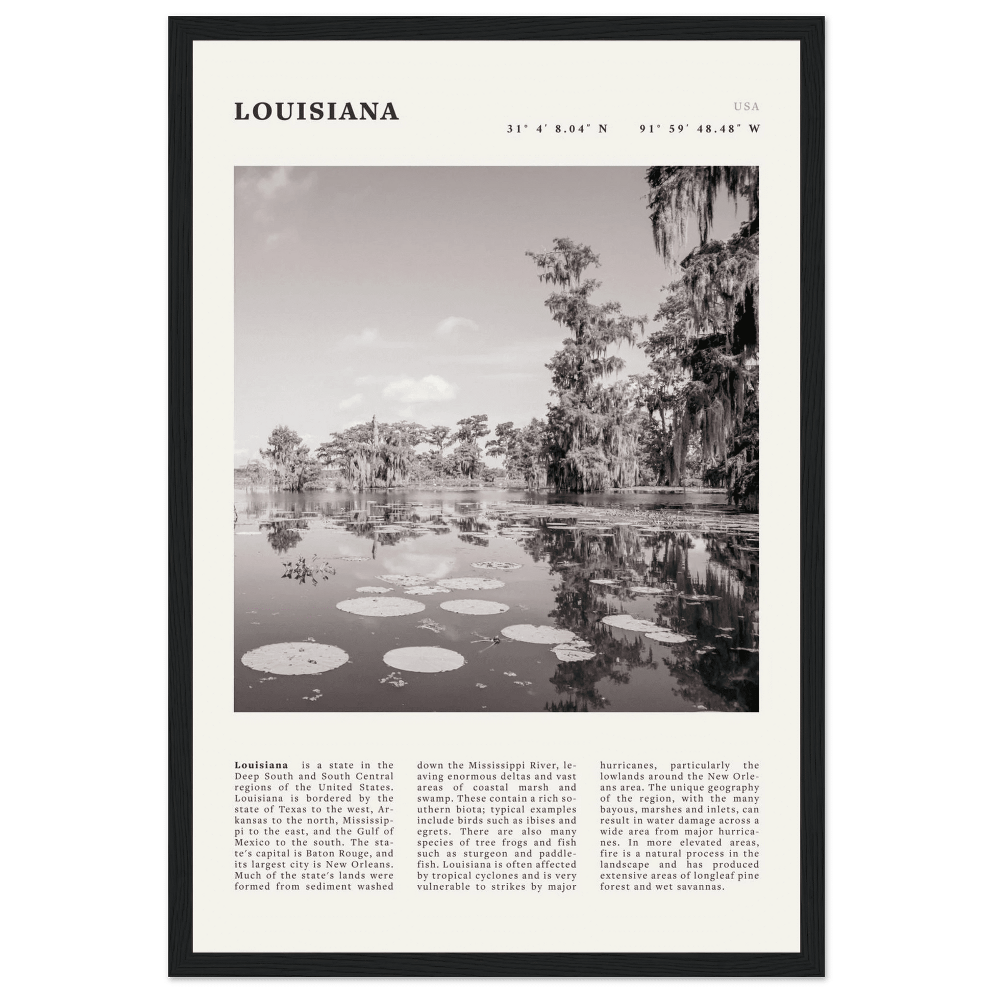 Louisiana Poster | Black & White Bayou Wall Art | Southern USA Travel Print Decor - Evergreen Posters