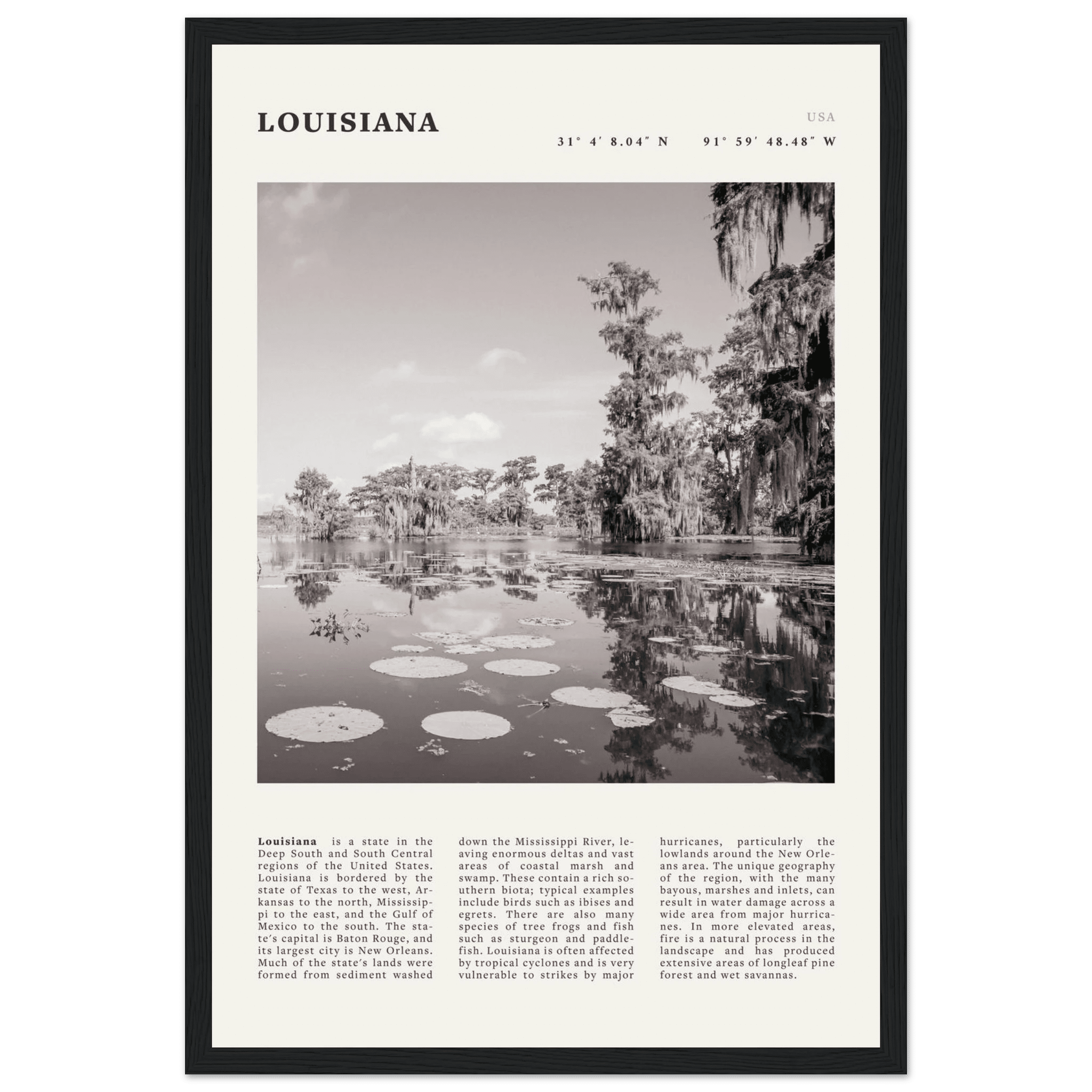 Louisiana Poster | Black & White Bayou Wall Art | Southern USA Travel Print Decor - Evergreen Posters