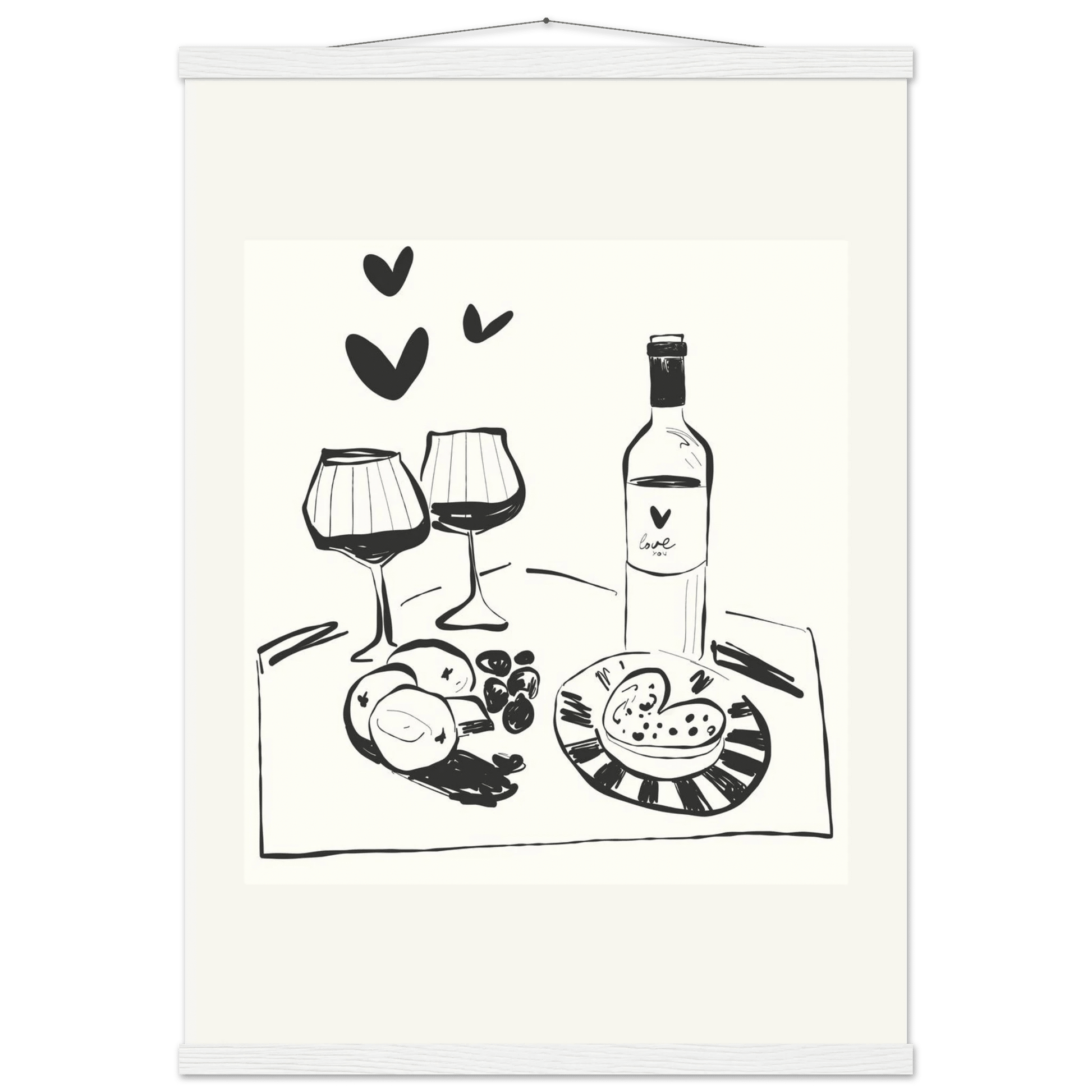 Wine for Two Print | Black Line Art Romantic Kitchen Wall Art | Couples Poster - Evergreen Posters