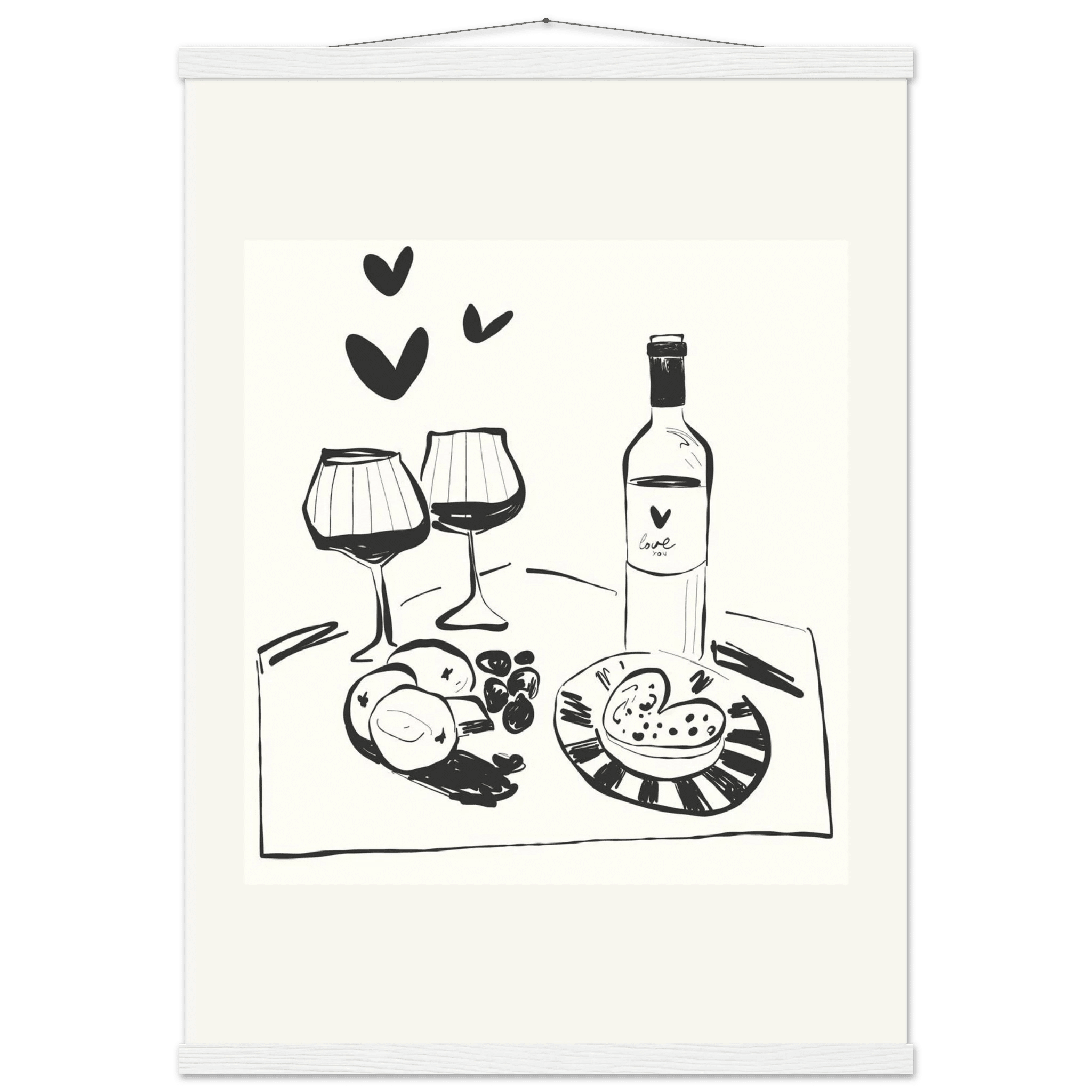 Wine for Two Print | Black Line Art Romantic Kitchen Wall Art | Couples Poster - Evergreen Posters