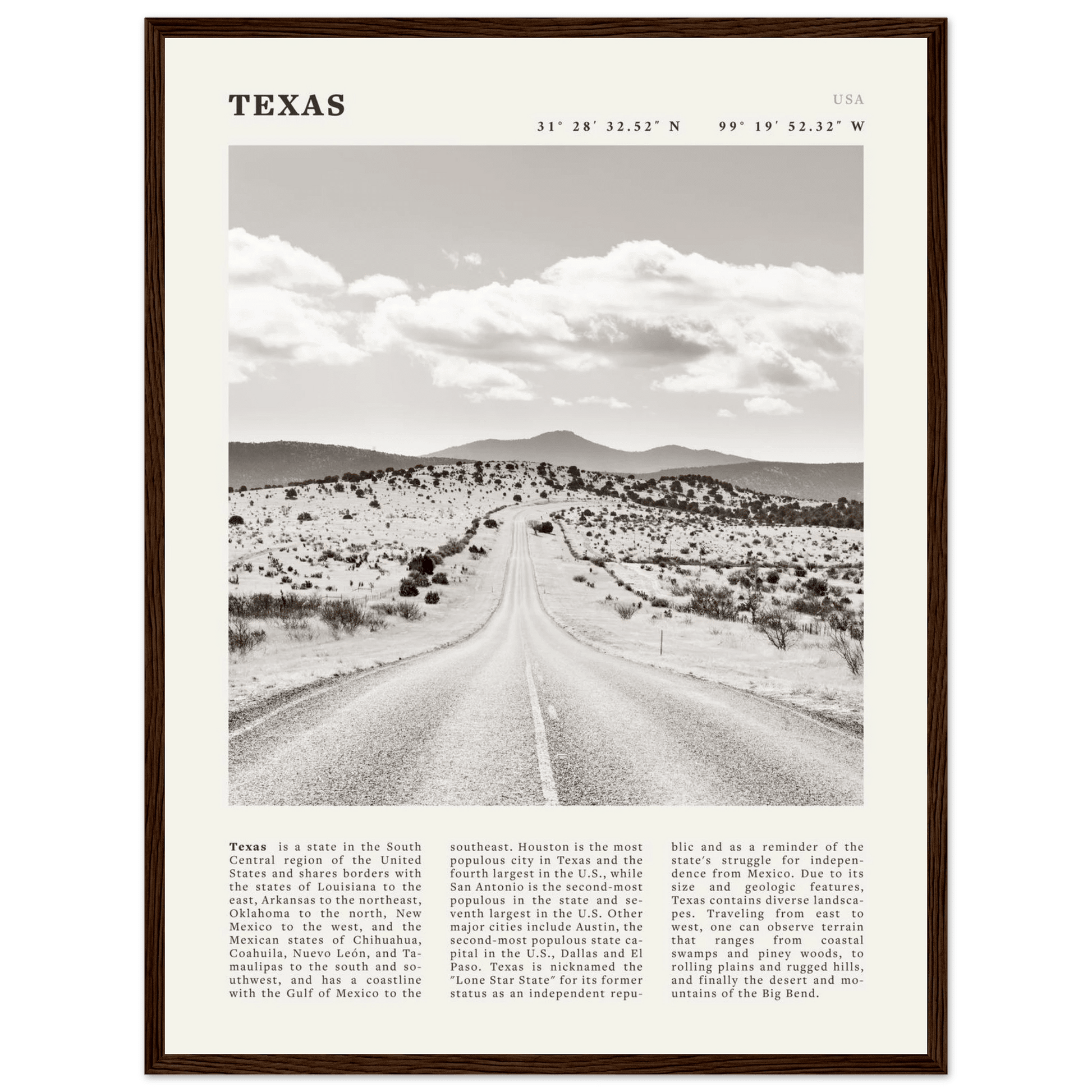 Texas Poster | Black & White Lone Star Road Wall Art | USA Travel Print Decor - Evergreen Posters