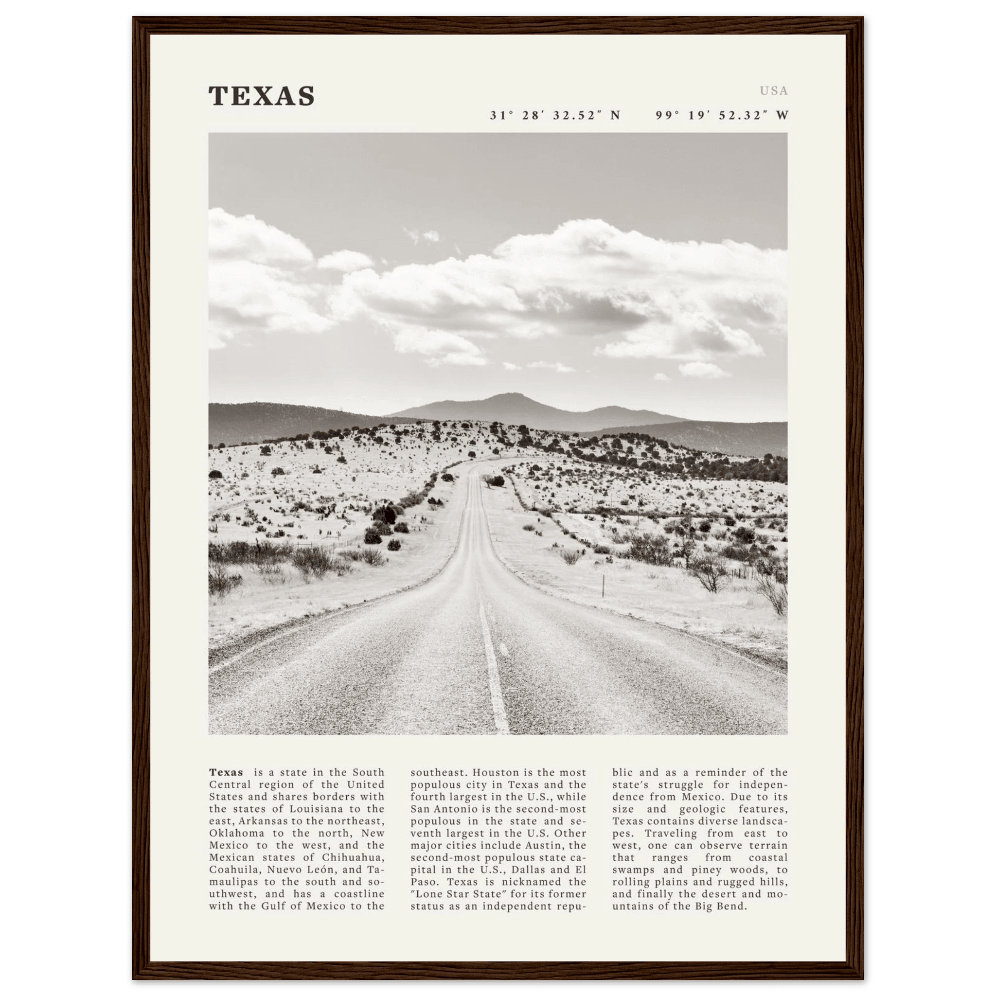 Texas Poster | Black & White Lone Star Road Wall Art | USA Travel Print Decor - Evergreen Posters