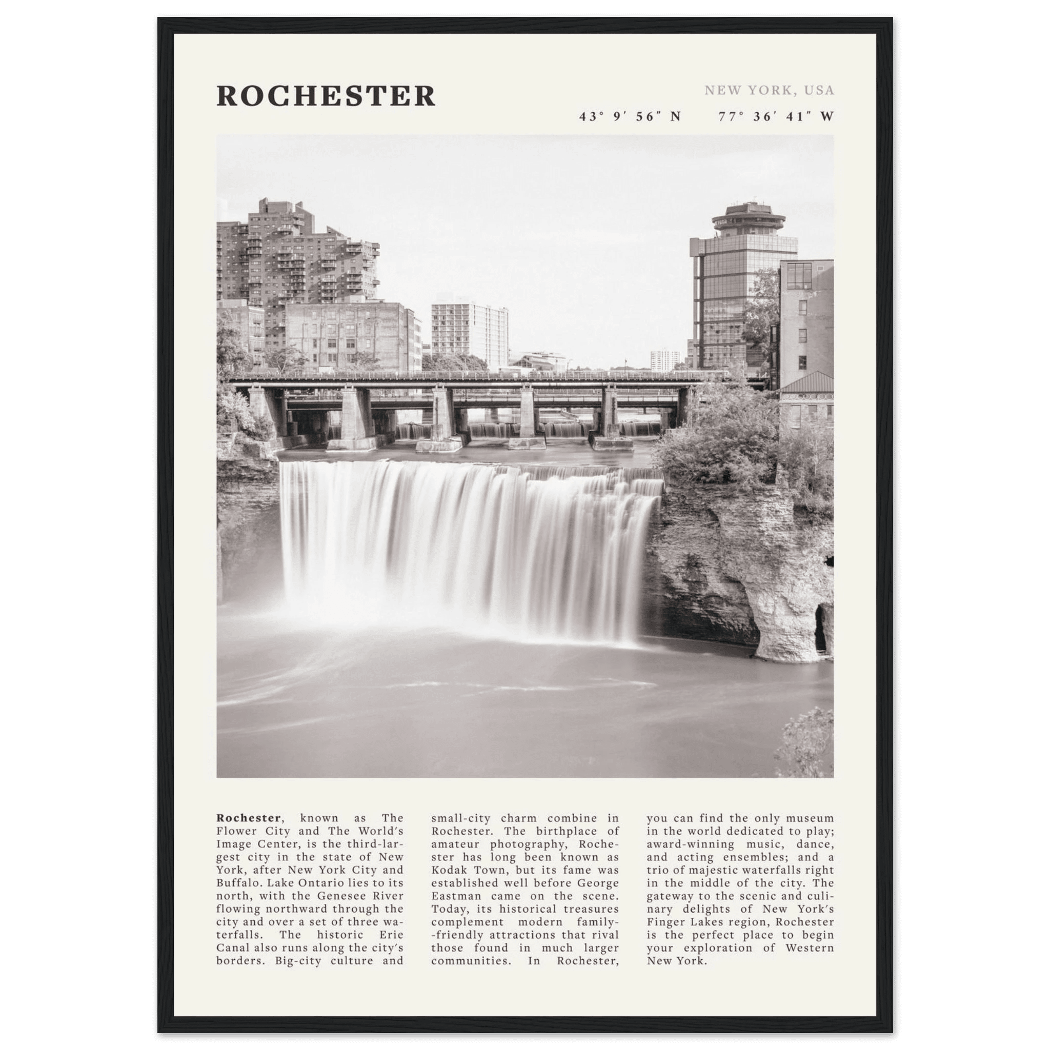 Rochester Poster | Black & White High Falls Wall Art | New York Travel Print - Evergreen Posters