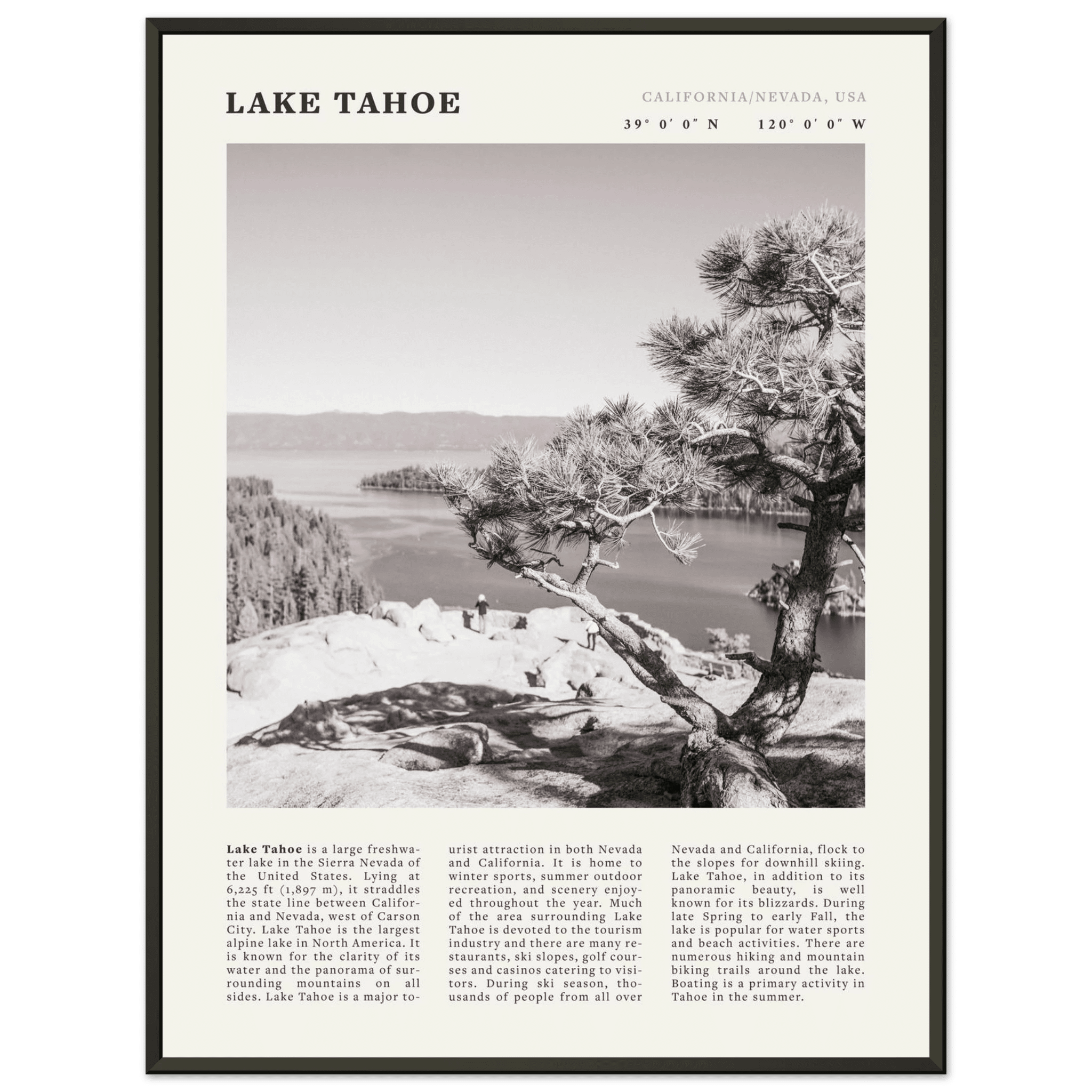 Lake Tahoe Poster | Black & White California Nevada Wall Art | Nature Travel Print Decor - Evergreen Posters