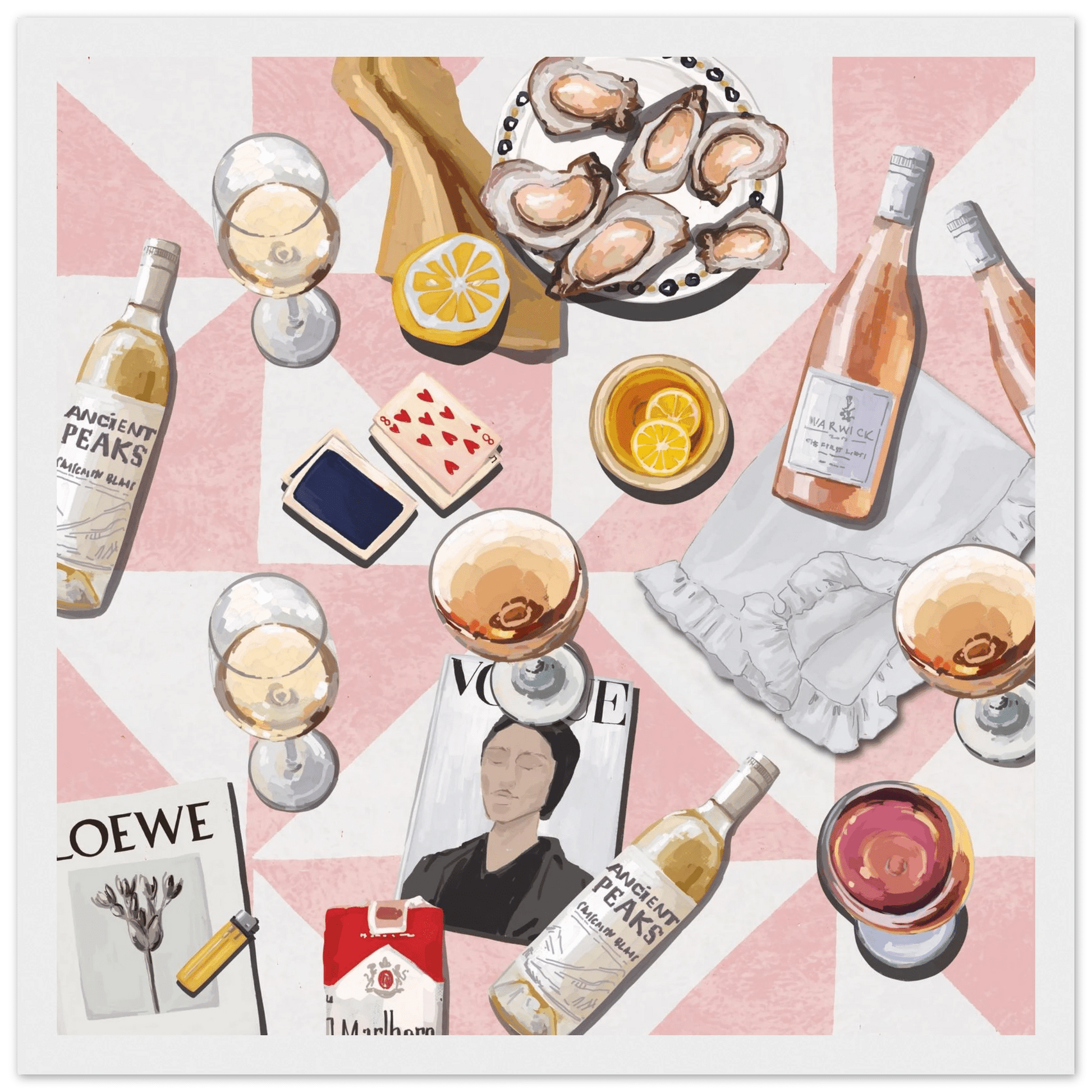 Vogue Oysters & Rosé Poster | Dopamine Decor Luxury Wall Art | Pink Tile Square Print - Evergreen Posters
