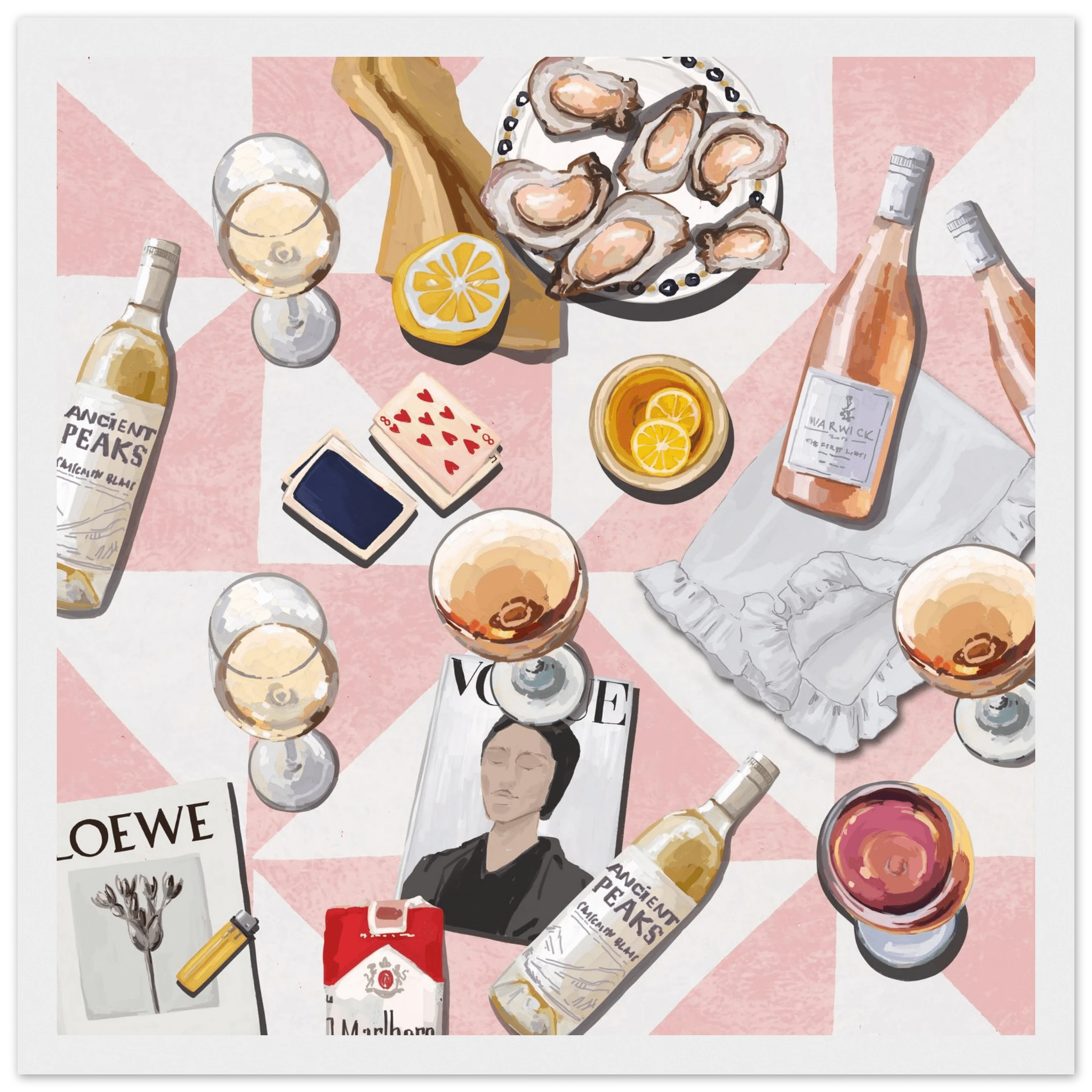 Vogue Oysters & Rosé Poster | Dopamine Decor Luxury Wall Art | Pink Tile Square Print - Evergreen Posters