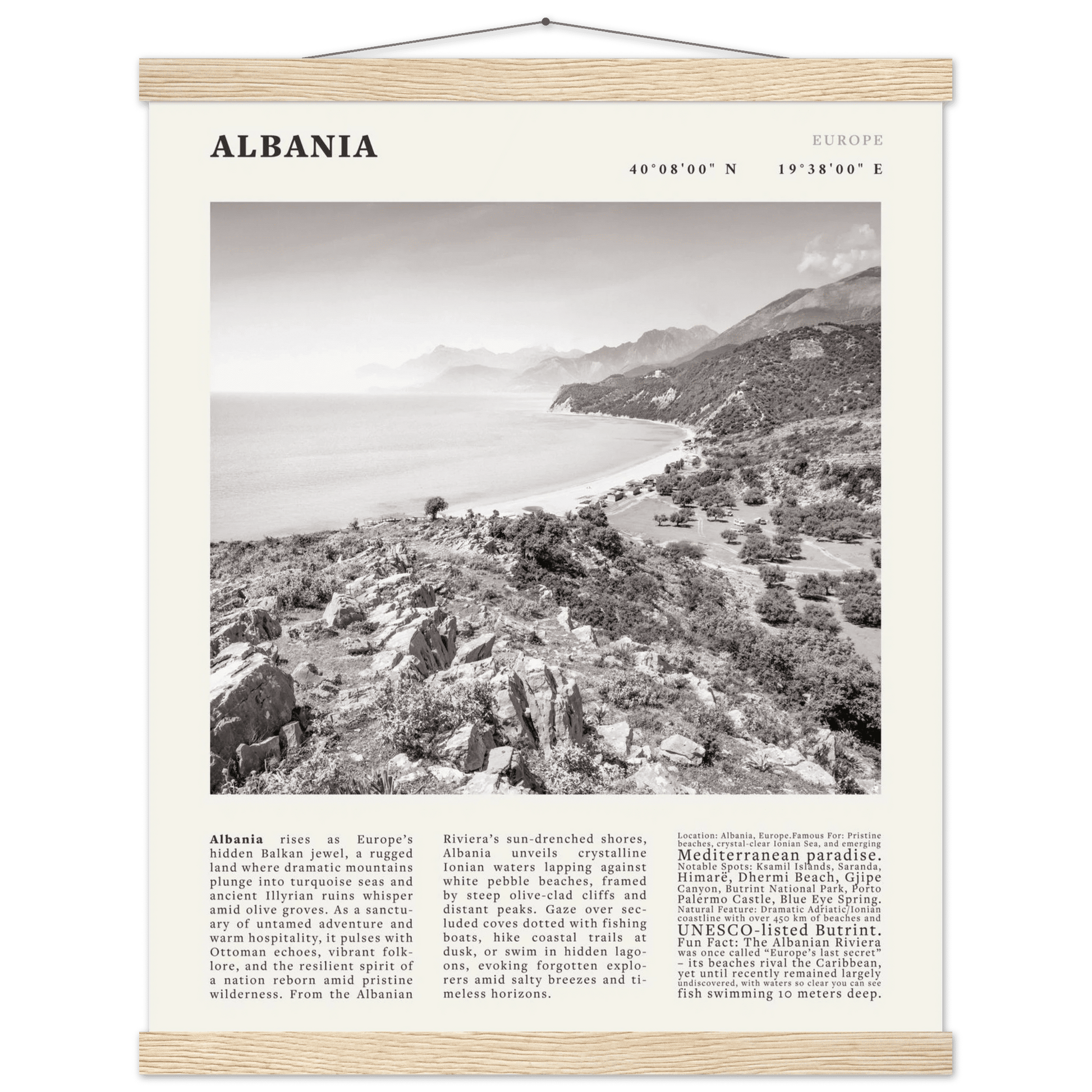 Albania Poster Black and White – Vintage Albanian Riviera Travel Print (Digital & Printed Options) - Evergreen Posters