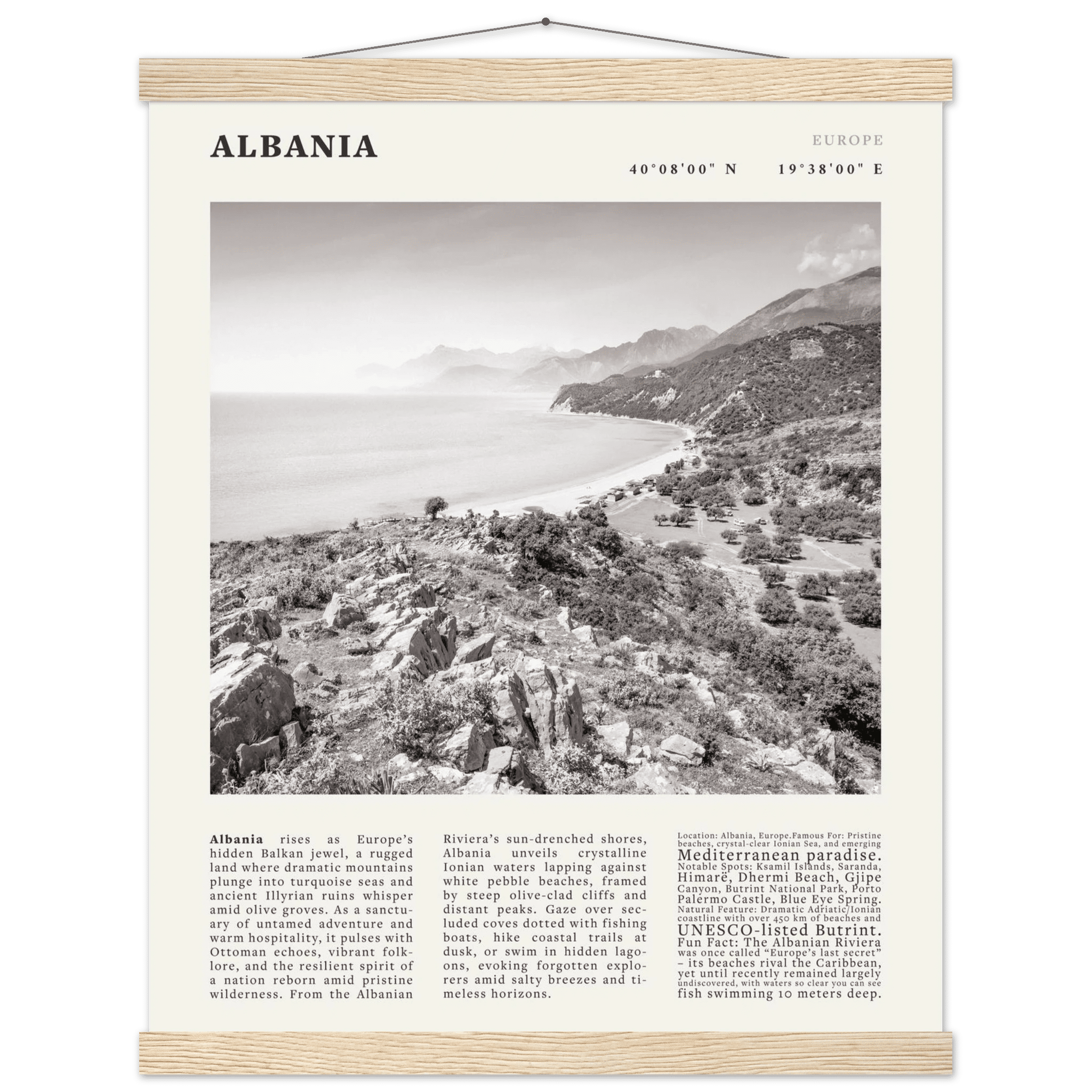 Albania Poster Black and White – Vintage Albanian Riviera Travel Print (Digital & Printed Options) - Evergreen Posters