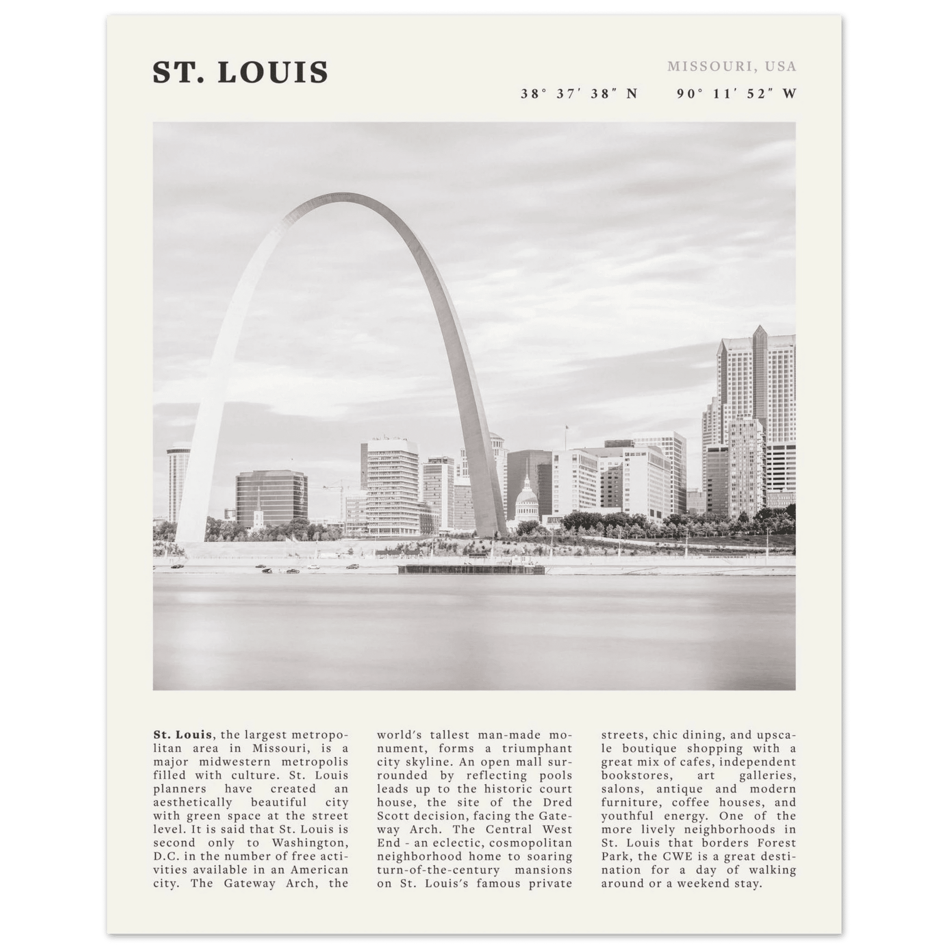 St. Louis Poster | Black & White Gateway Arch Wall Art | Missouri Travel Print - Evergreen Posters
