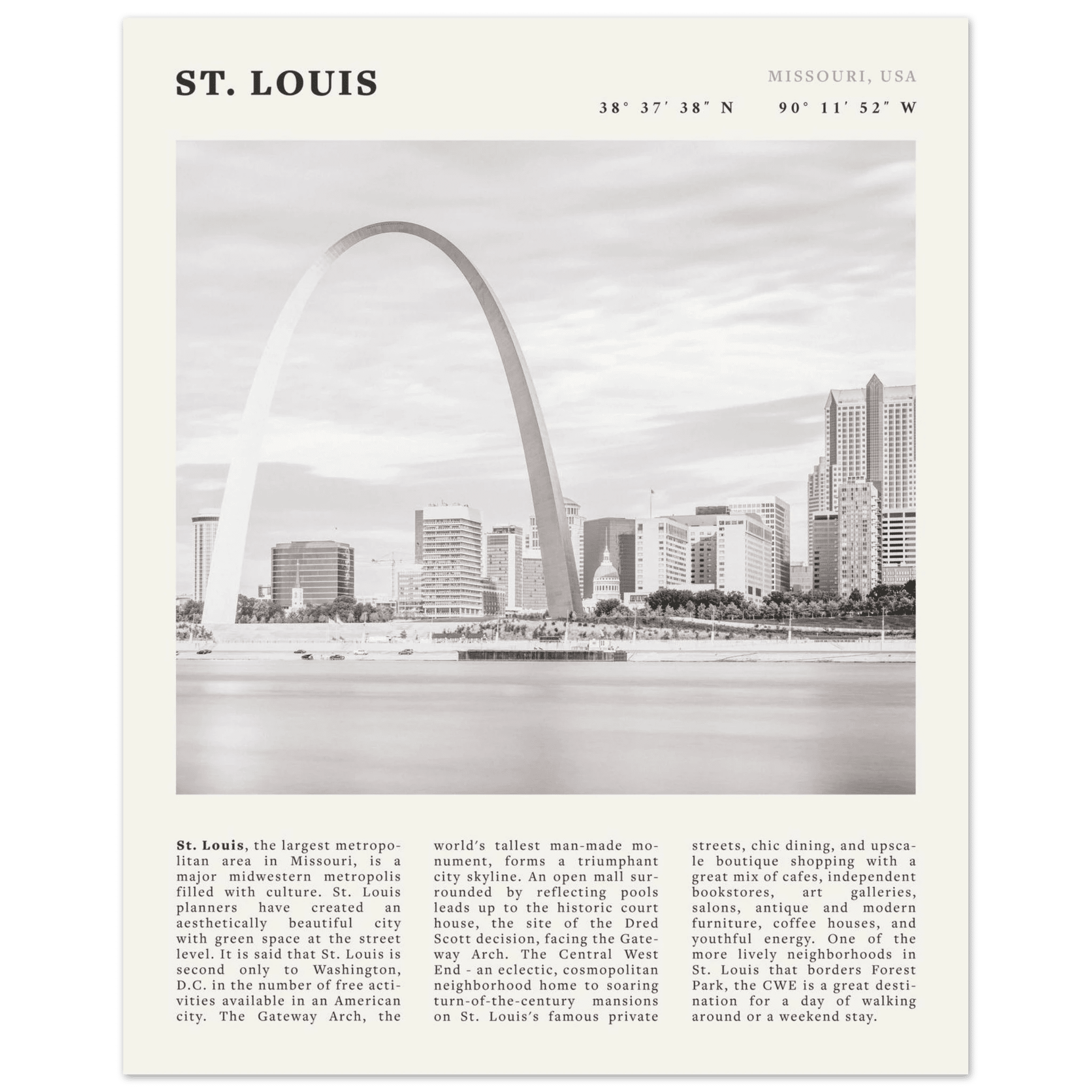 St. Louis Poster | Black & White Gateway Arch Wall Art | Missouri Travel Print - Evergreen Posters