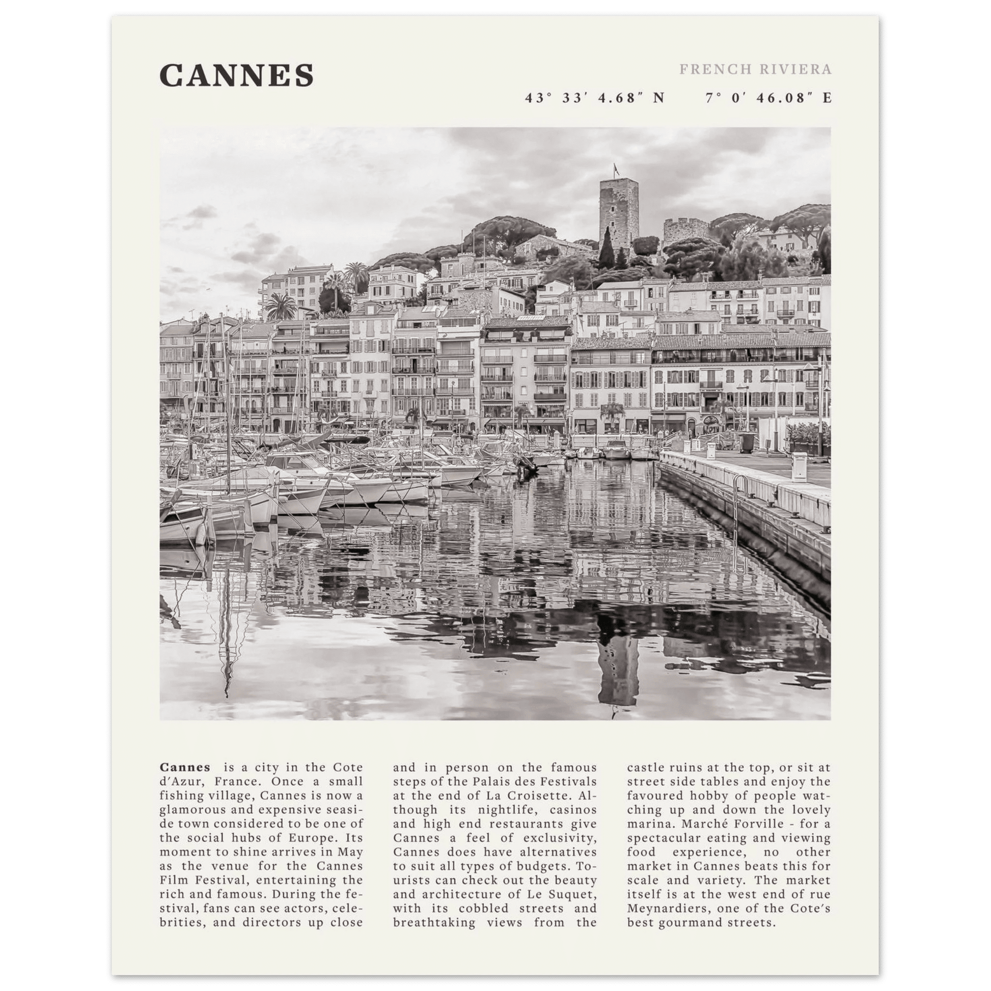 Cannes Poster | Black & White French Riviera Wall Art | France Travel Print - Evergreen Posters