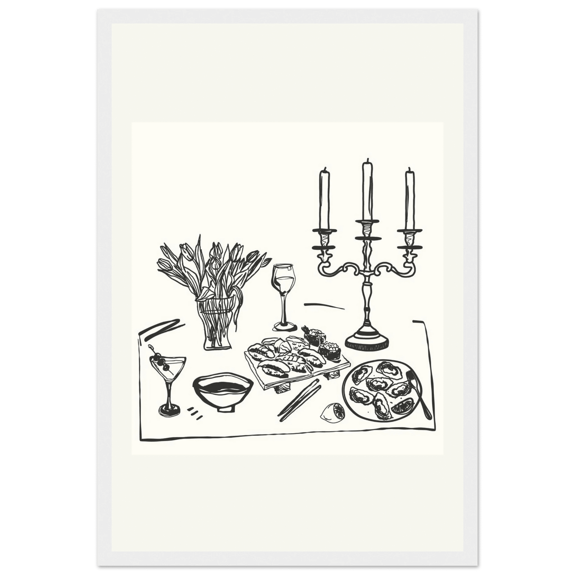 Fine Dining Table Print | Black Line Art Kitchen Wall Art | Elegant Dining Room Poster - Evergreen Posters
