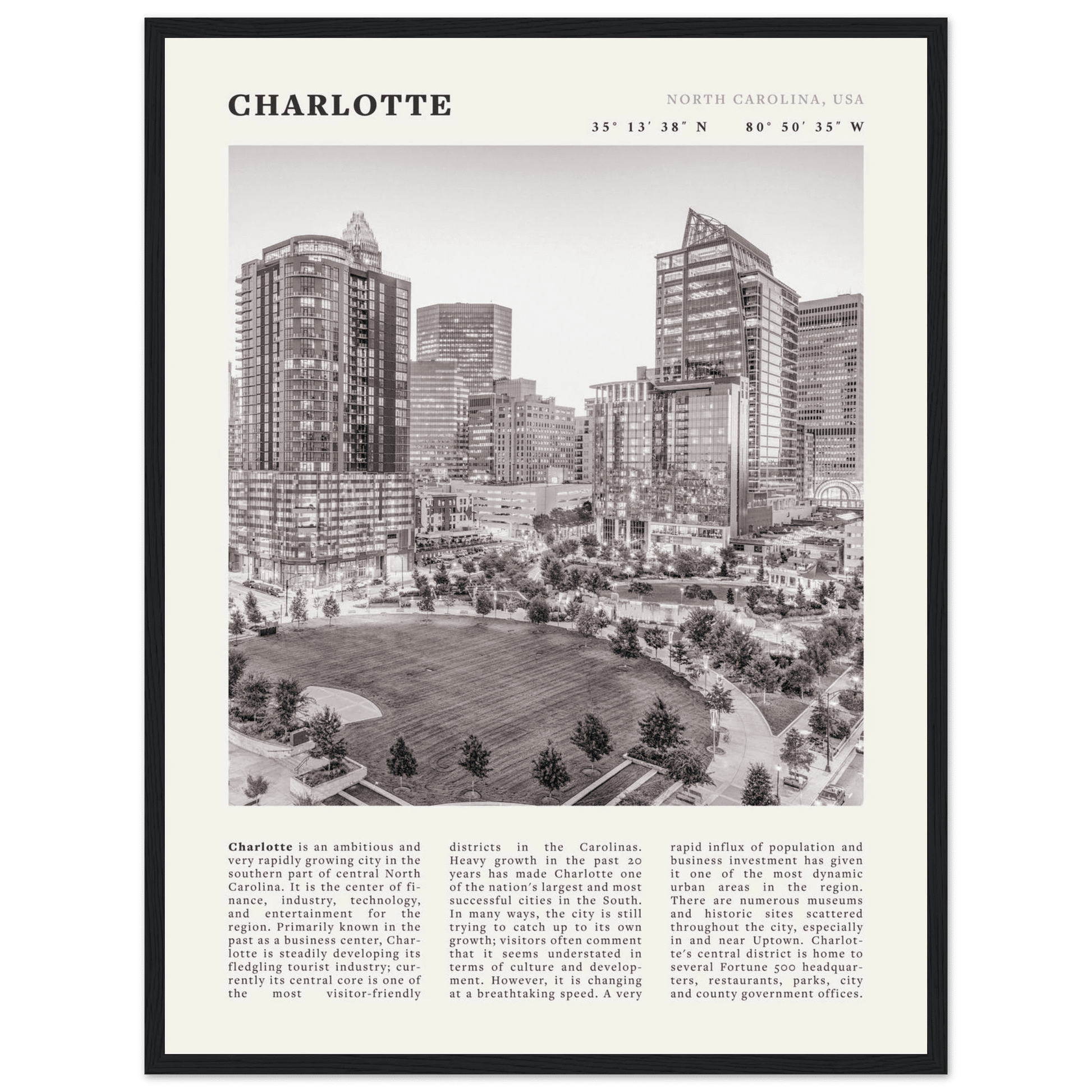 Charlotte Poster | Black & White North Carolina Skyline Wall Art | NC Travel Print - Evergreen Posters