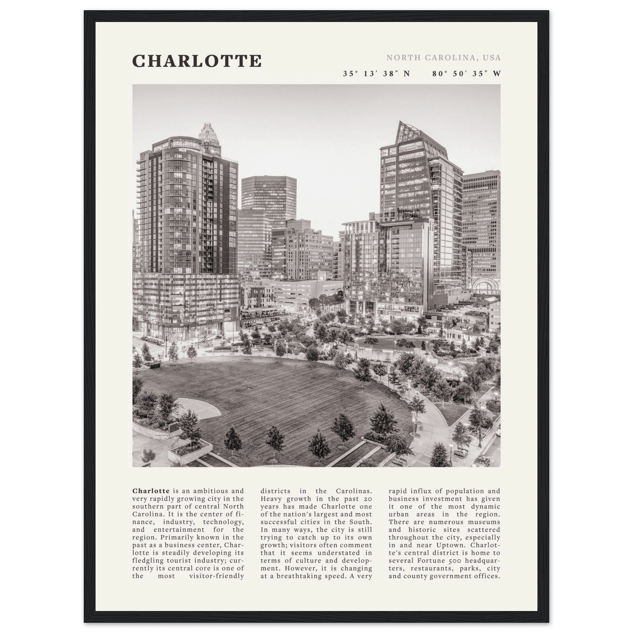 Charlotte Poster | Black & White North Carolina Skyline Wall Art | NC Travel Print - Evergreen Posters