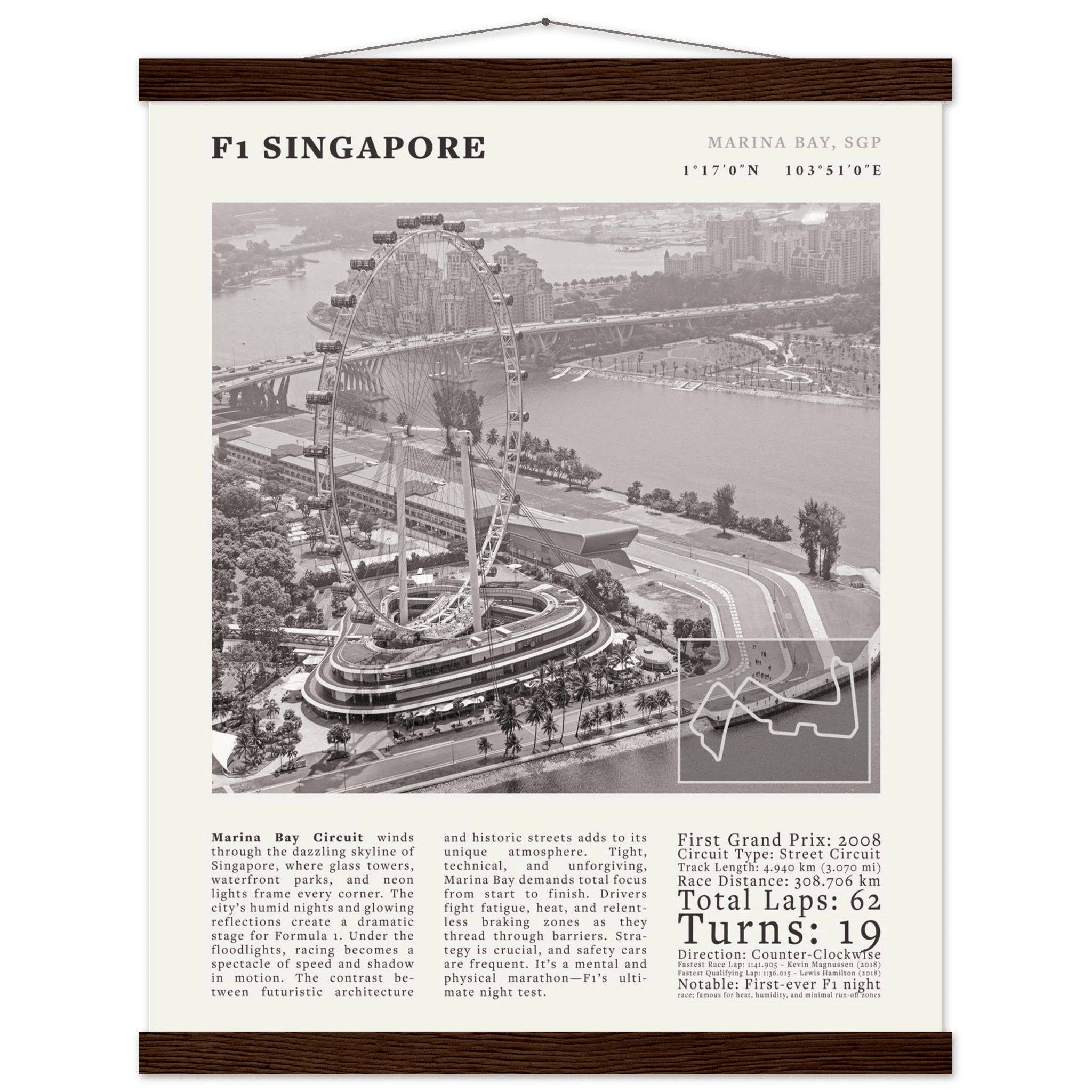 F1 Singapore Poster Black and White – Vintage Marina Bay Night Race Print (Digital & Printed Options) - Evergreen Posters