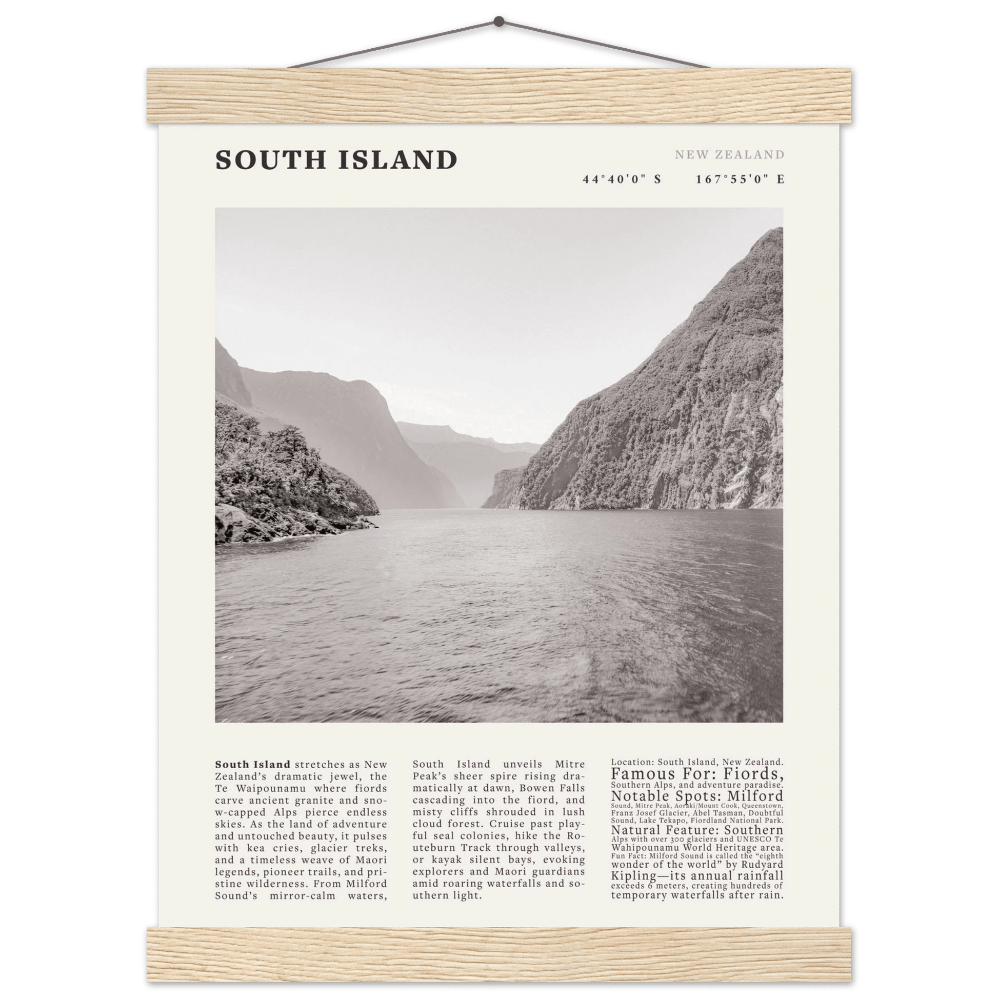 South Island New Zealand Poster Black and White – Vintage Milford Sound Fjord Print - Evergreen Posters