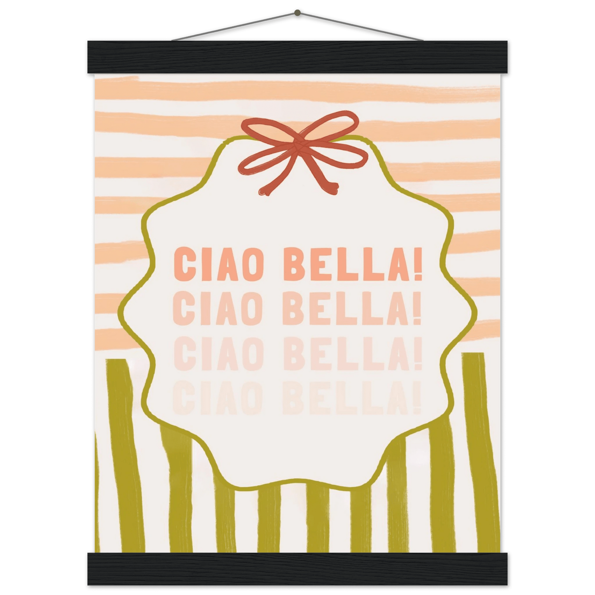 Ciao Bella Poster | Italian Typography Wall Art | Retro Stripe Bow Print | Cute Room Decor - Evergreen Posters