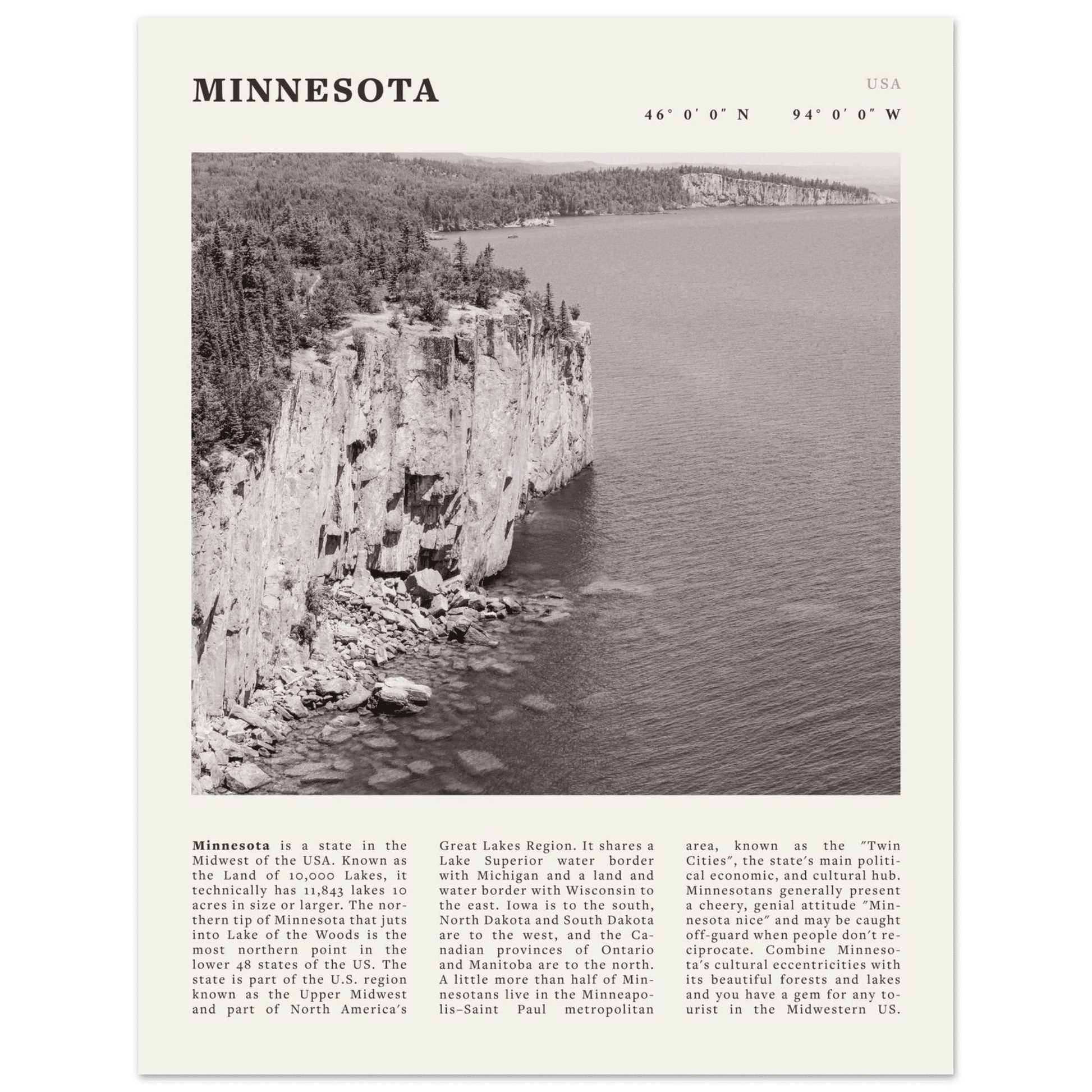 Minnesota Poster | Black & White Lake Superior Wall Art | USA Nature Travel Print - Evergreen Posters