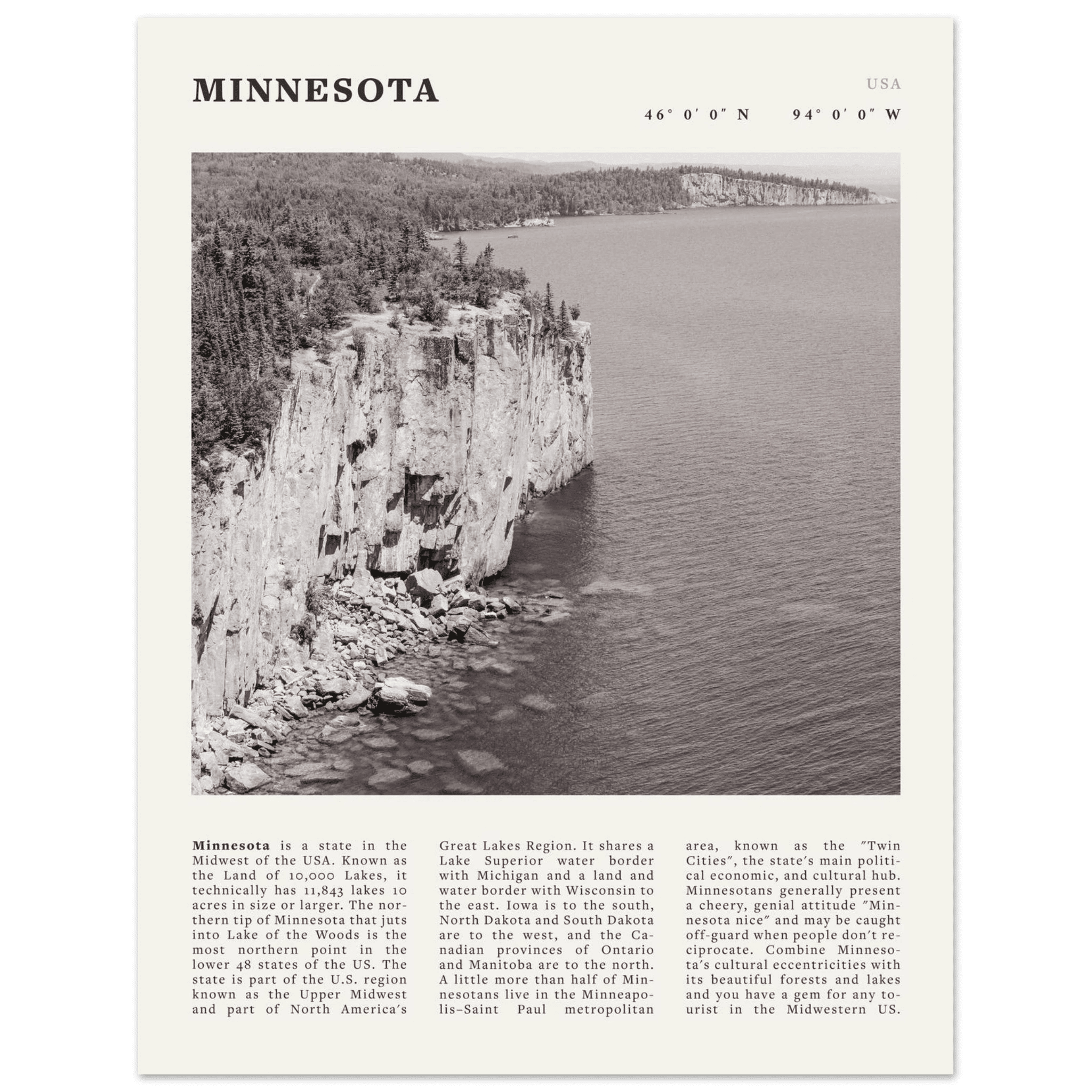 Minnesota Poster | Black & White Lake Superior Wall Art | USA Nature Travel Print - Evergreen Posters