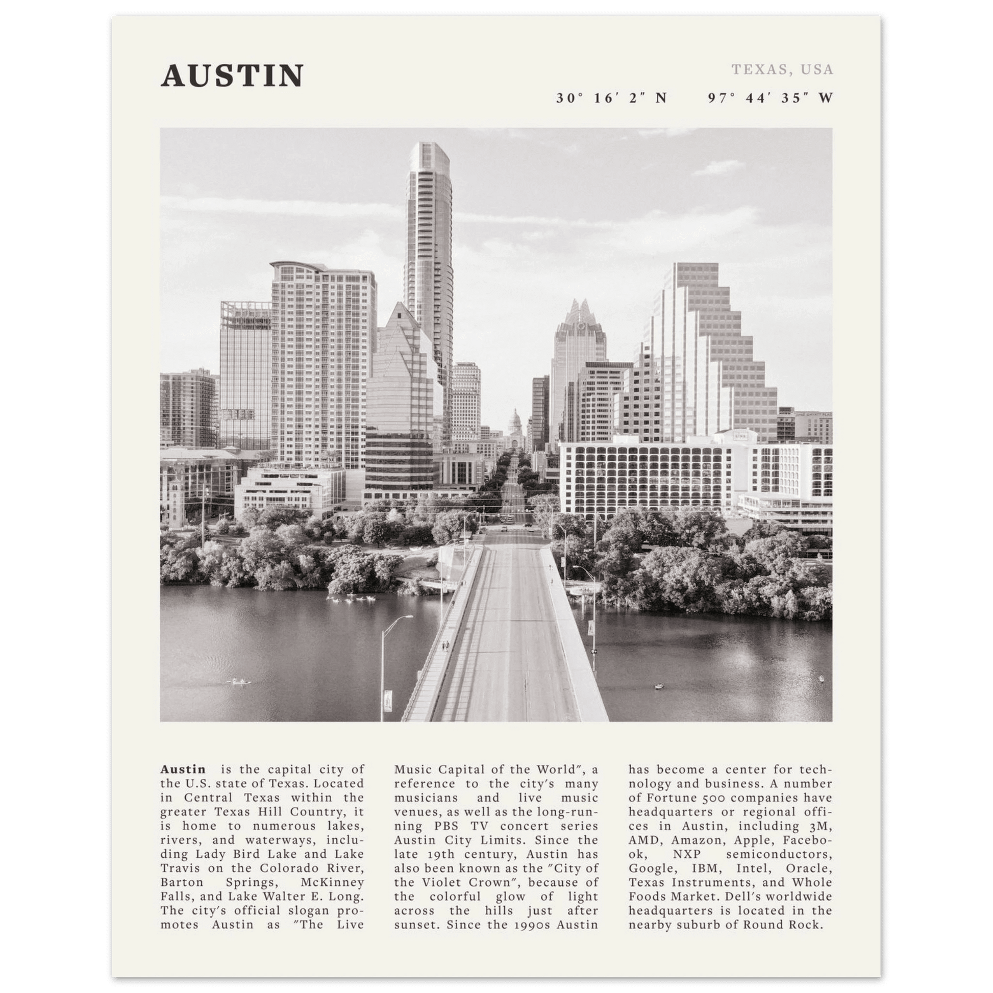 Austin Poster | Black & White Texas Skyline Wall Art | City Travel Print Decor - Evergreen Posters