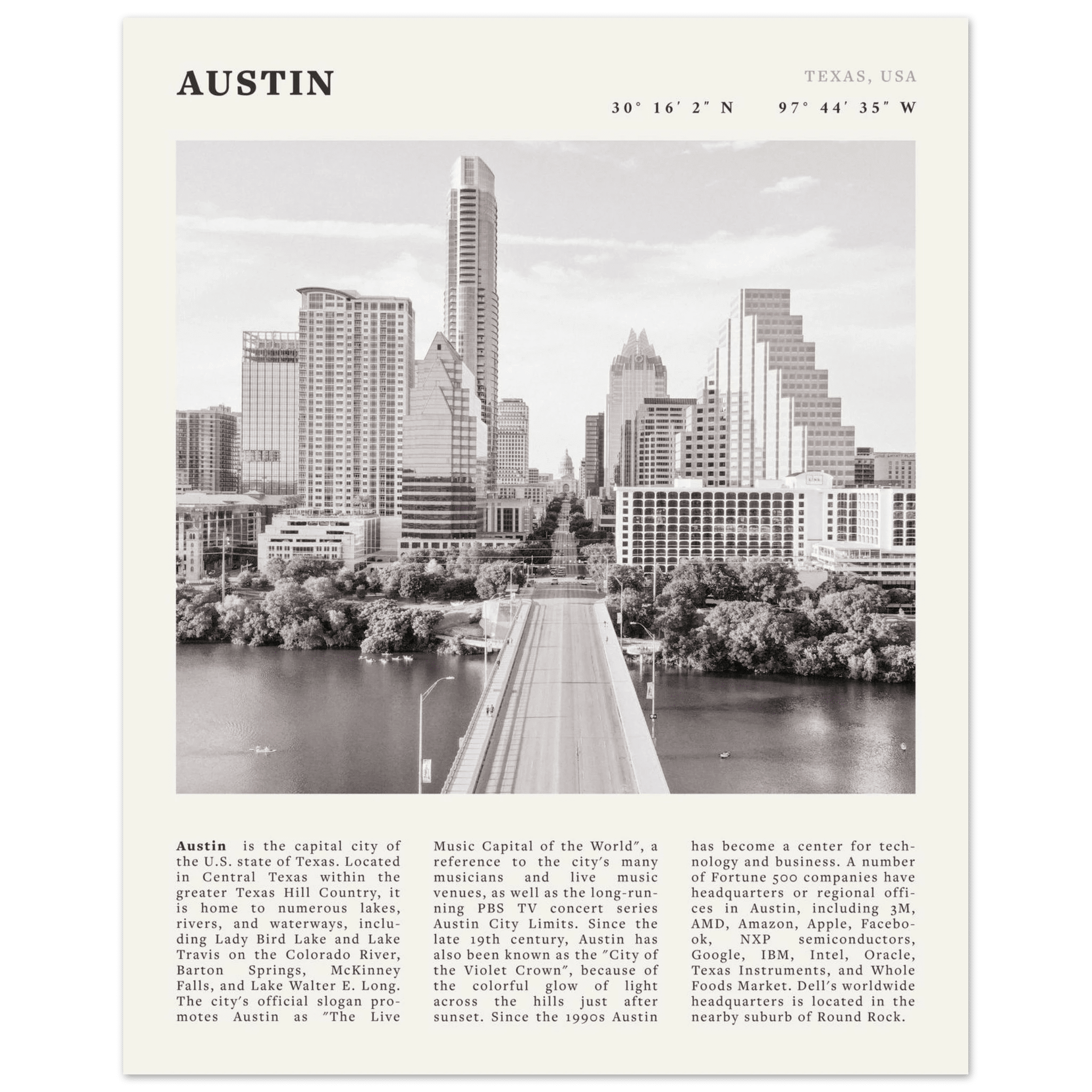 Austin Poster | Black & White Texas Skyline Wall Art | City Travel Print Decor - Evergreen Posters