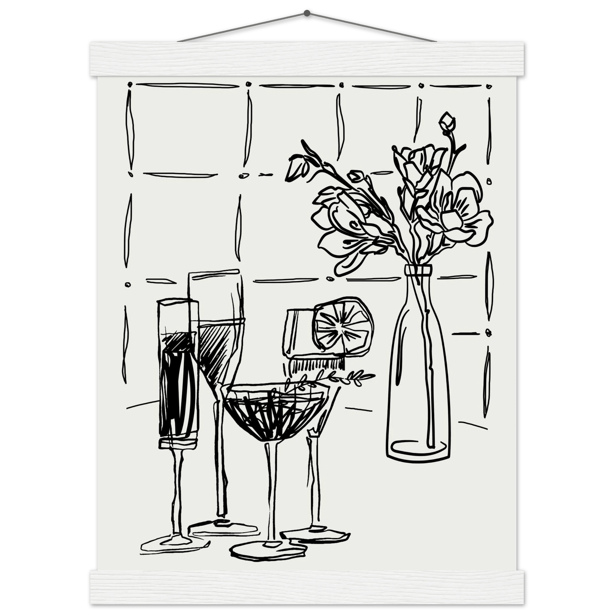 Cocktails & Flowers Print | Black Line Art Drinks Wall Art | Kitchen Bar Poster - Evergreen Posters