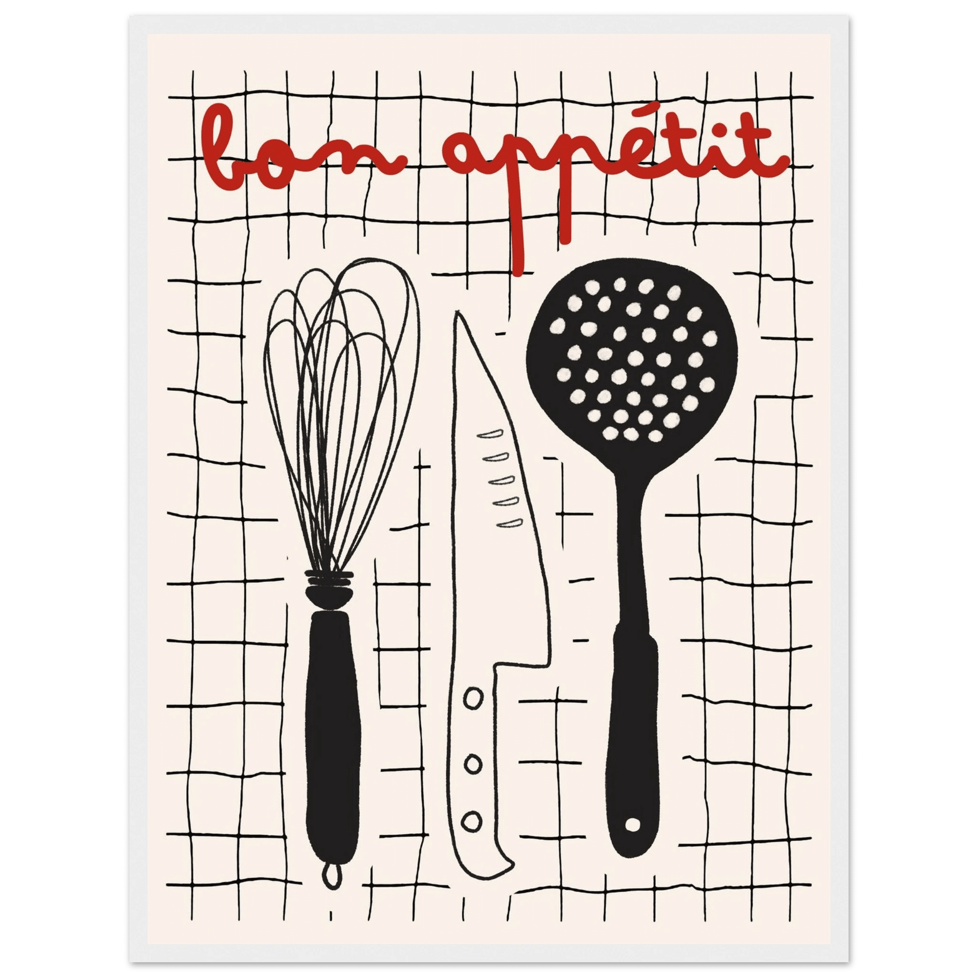 Bon Appétit French Kitchen Print | Bold Black Red Wall Art Poster - Evergreen Posters