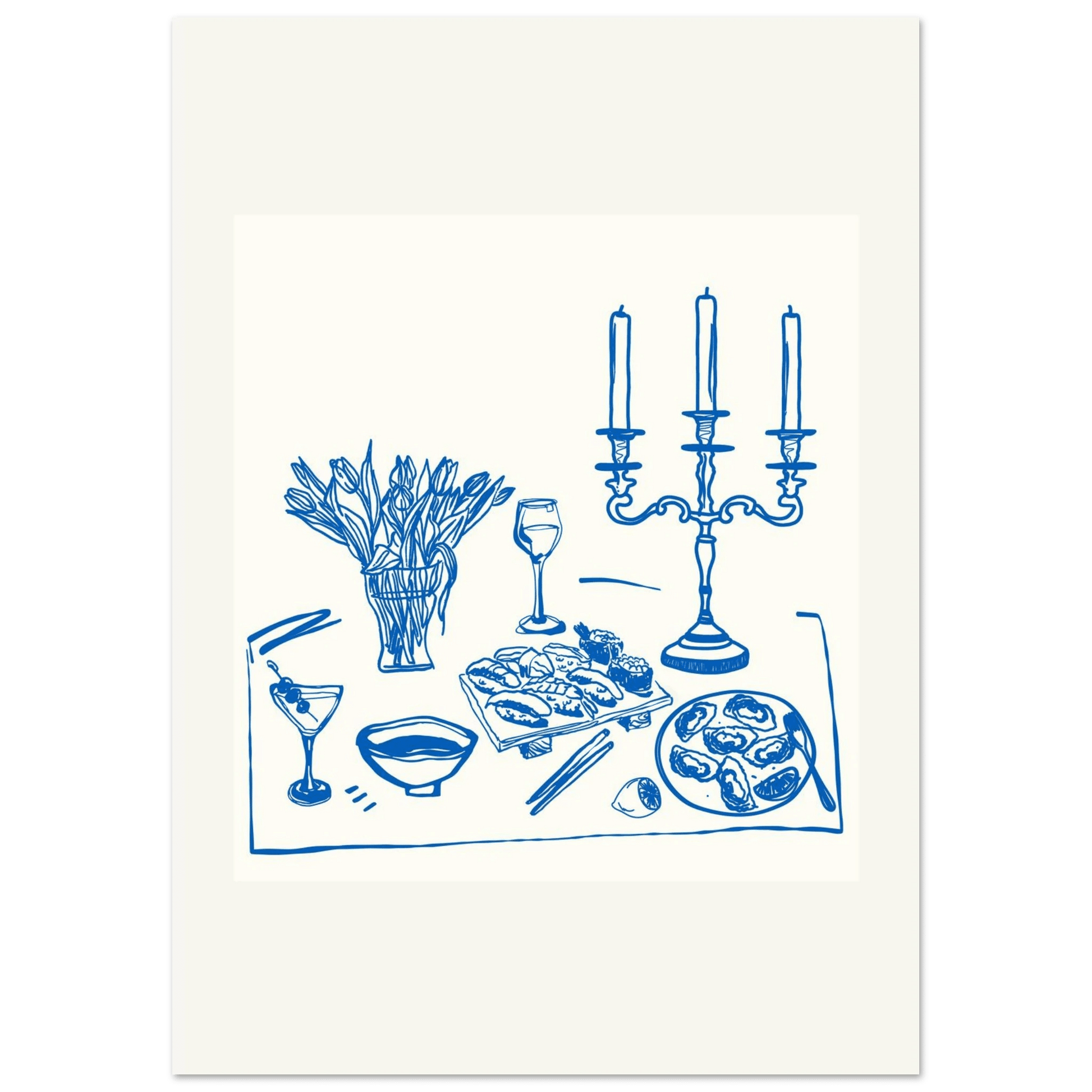 Fine Dining Table Print | Blue Line Art Kitchen Wall Art | Elegant Dining Room Poster - Evergreen Posters