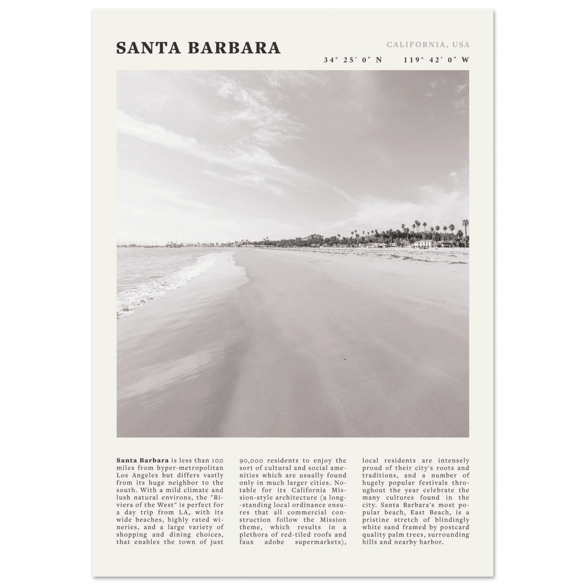 Santa Barbara Poster | Black & White California Beach Wall Art | CA Travel Print - Evergreen Posters