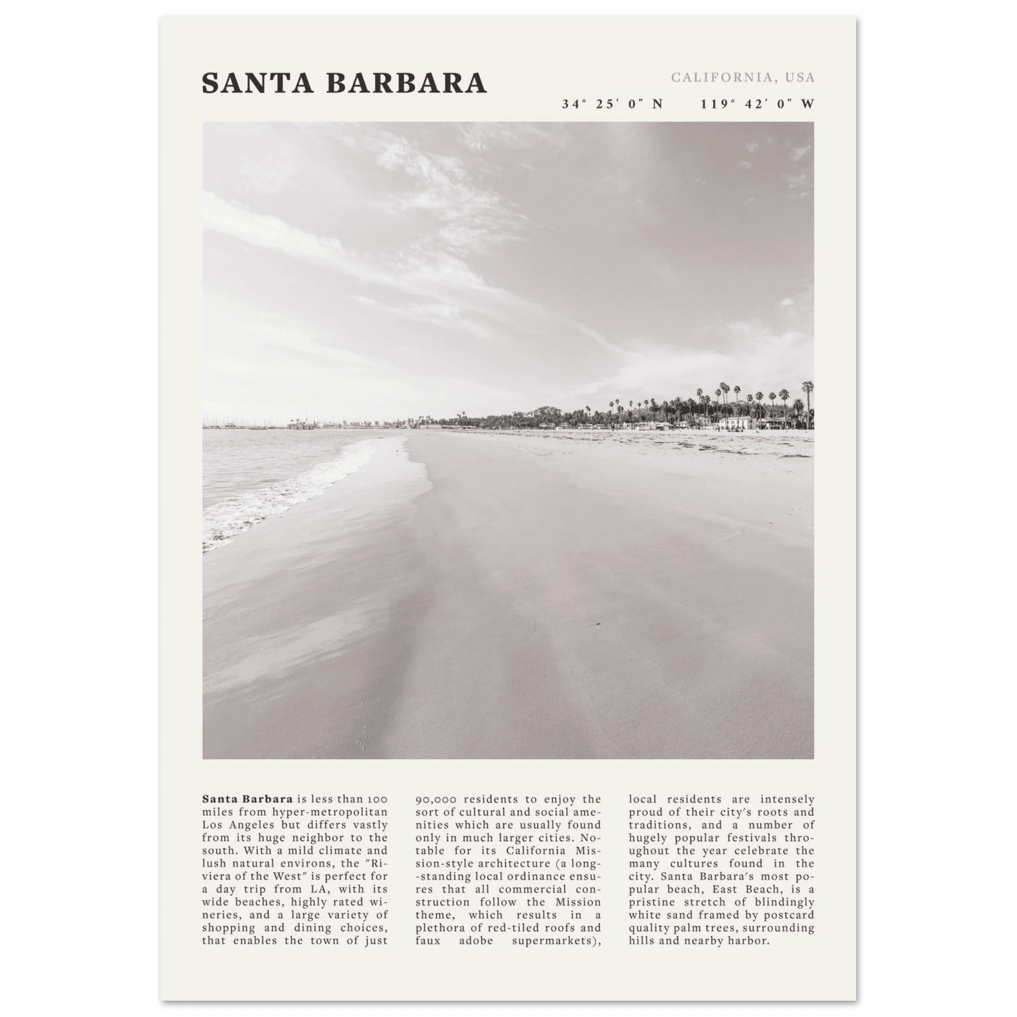 Santa Barbara Poster | Black & White California Beach Wall Art | CA Travel Print - Evergreen Posters