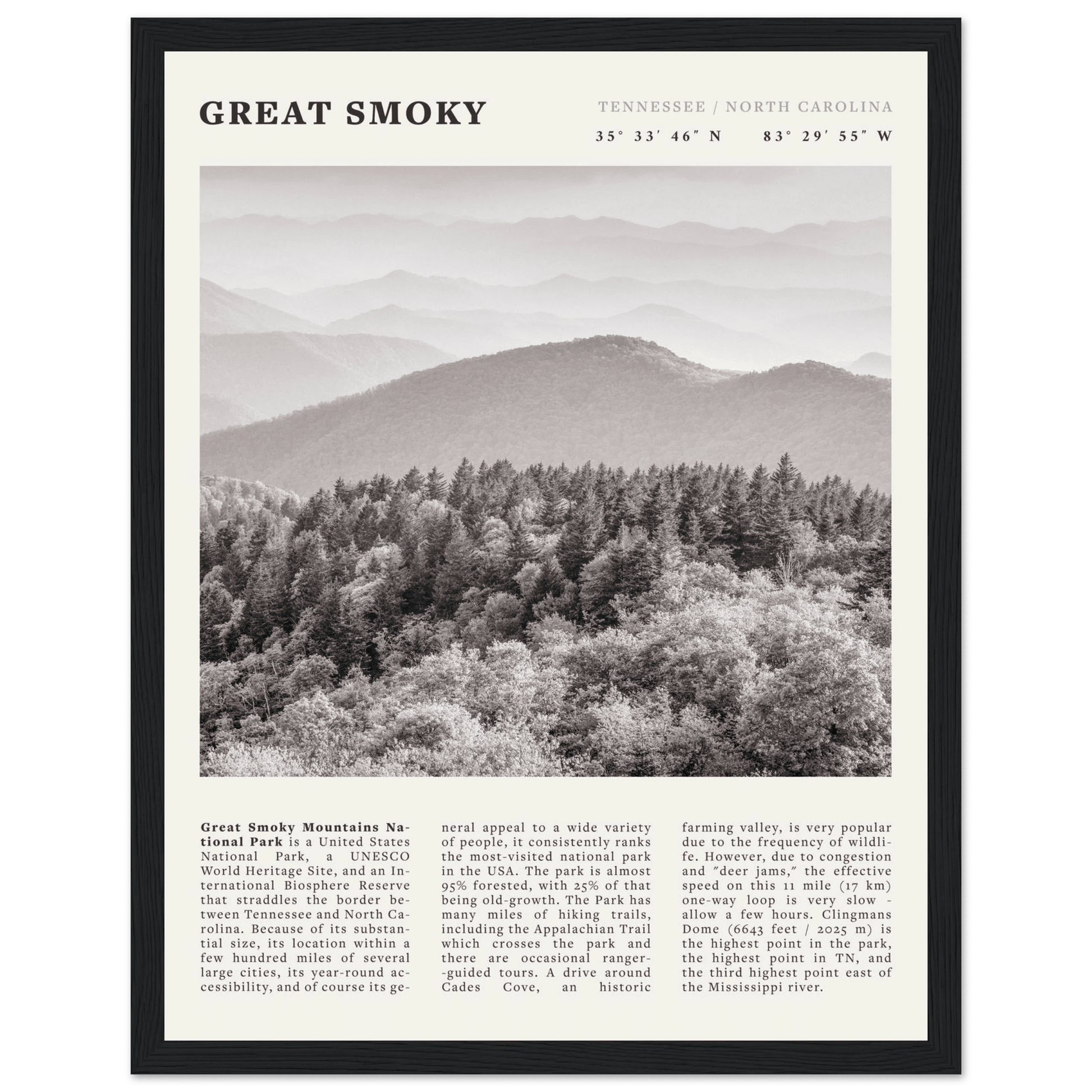Great Smoky Mountains Poster | Black & White National Park Wall Art | Tennessee Print - Evergreen Posters