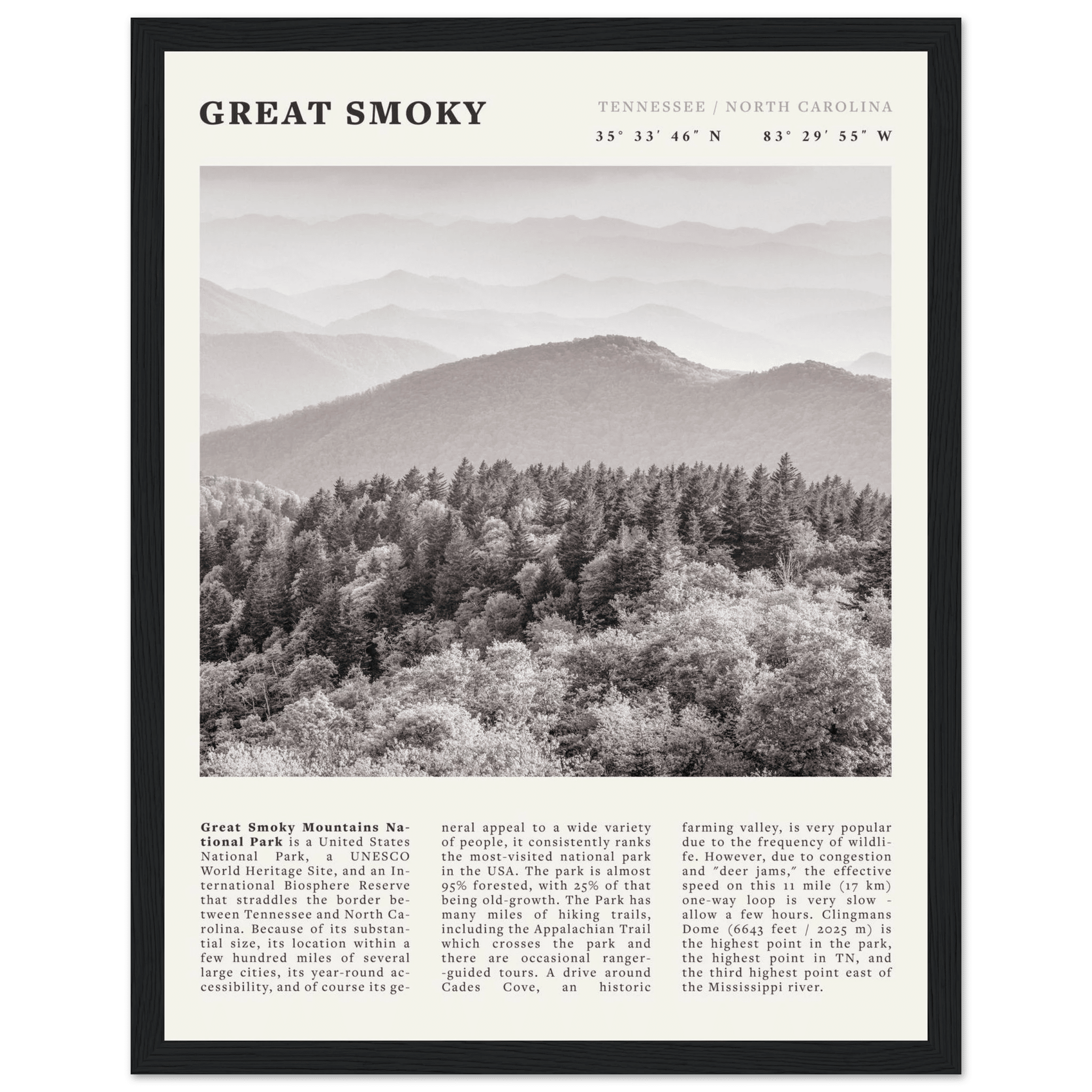 Great Smoky Mountains Poster | Black & White National Park Wall Art | Tennessee Print - Evergreen Posters