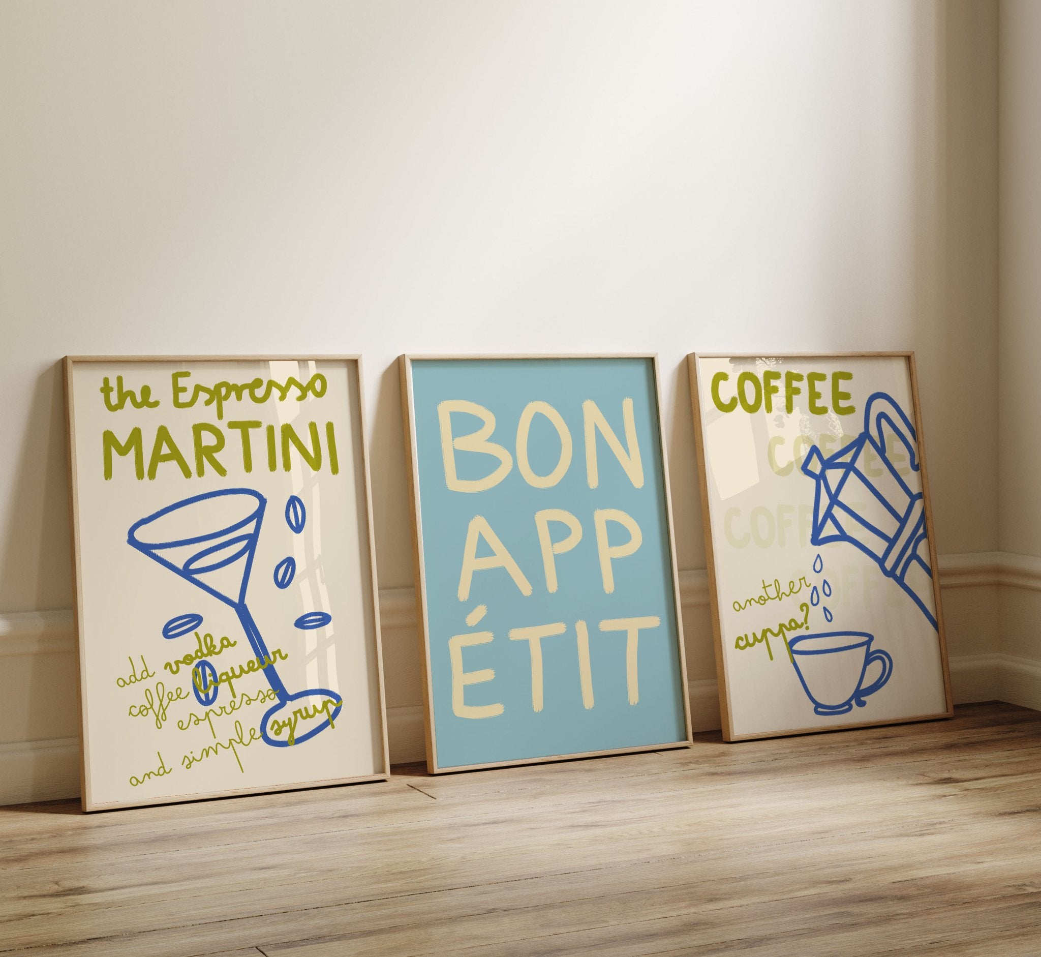Kitchen Poster Set of 3 | Espresso Martini, Bon Appétit & Coffee Wall Art Prints - Evergreen Posters